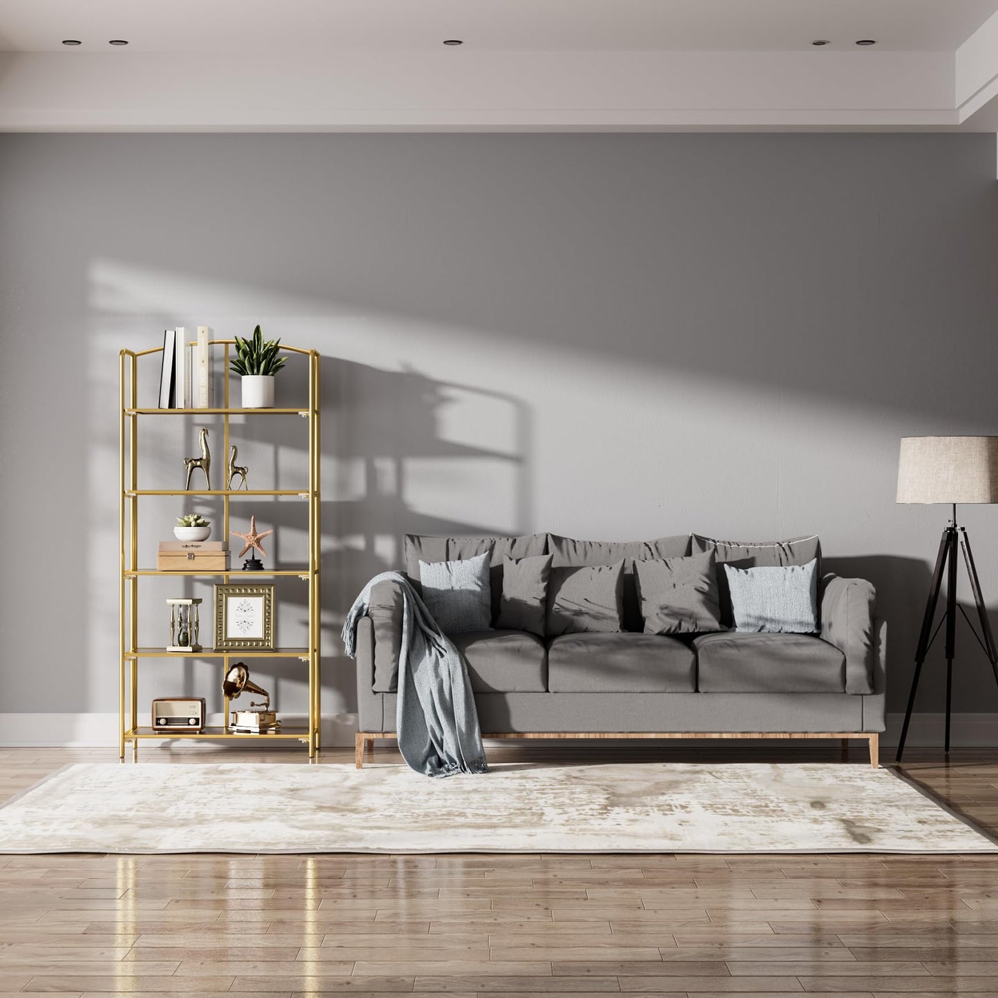 Crofy 5-Tier Wider Foldable Bookshelf, Gold Frame & Walnut Shelves