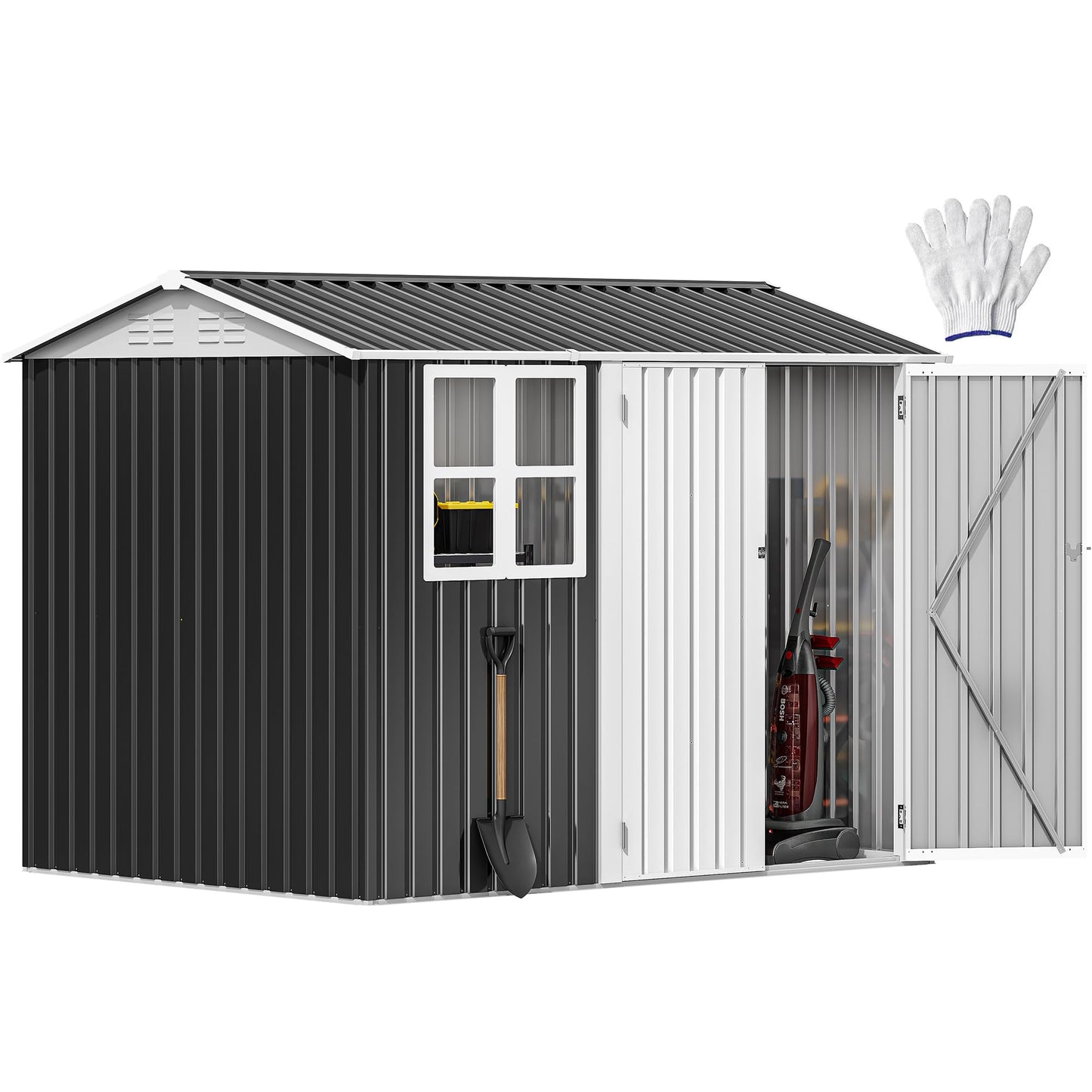 DWVO 10' x 8' Outdoor Storage Shed, Waterproof Metal Garden Shed with Windows, Lockable Doors, and Sloped Roof for Patio, Backyard, Lawn, Tool Storage, Bike Shed, Pet Shelter (Gray + White)