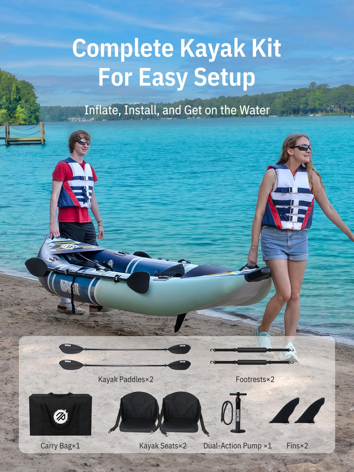Niphean Inflatable Kayak 2 Person, 12'6" Tandem Kayak with 500lb Capacity, 3-Chamber Stable Design, Drop-Stitch Floor, with Fishing Mounts, Camera Base, Kayaks Seats for Lakes, Touring, Fishing