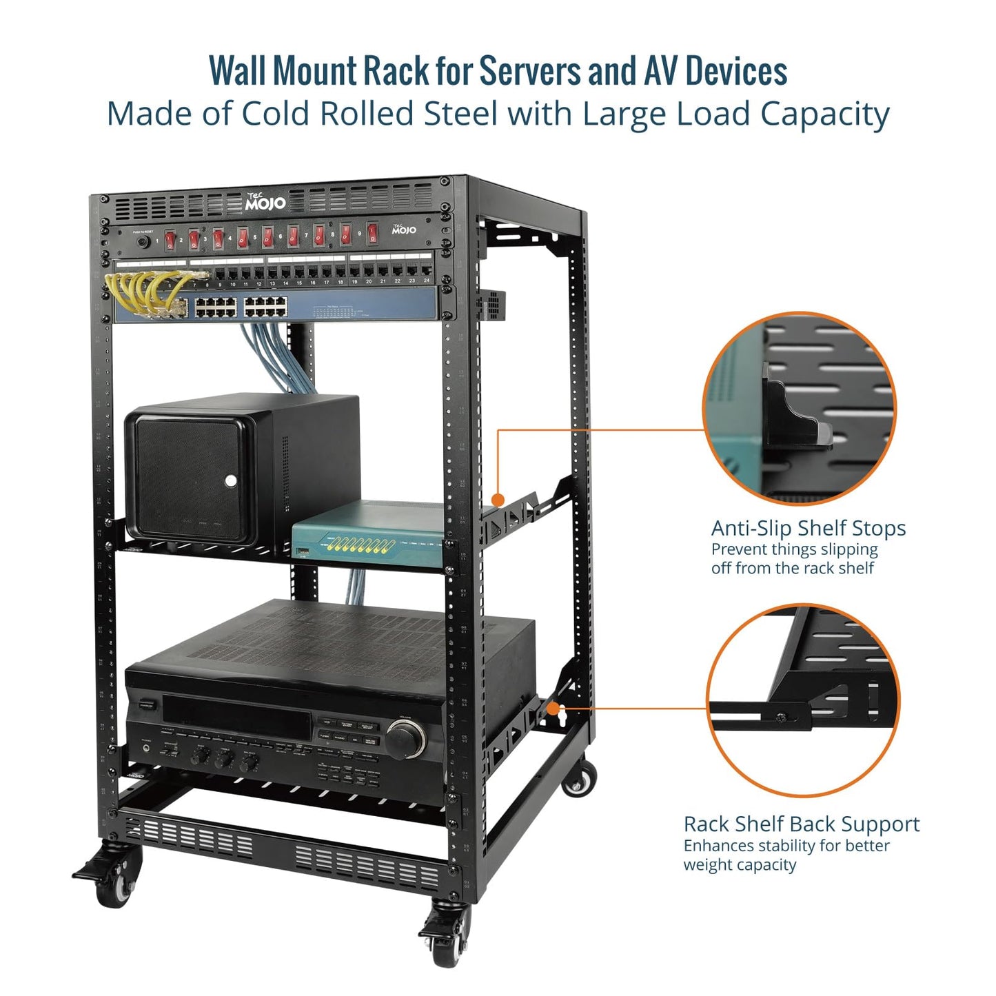 TECMOJO 20U Open Frame Network Rack for IT & AV Gear, 4-Post With Casters, Mobile With 2 PCS 1U Server Shelf & Mounting Hardware, for 19" Network, Audio and Video Device