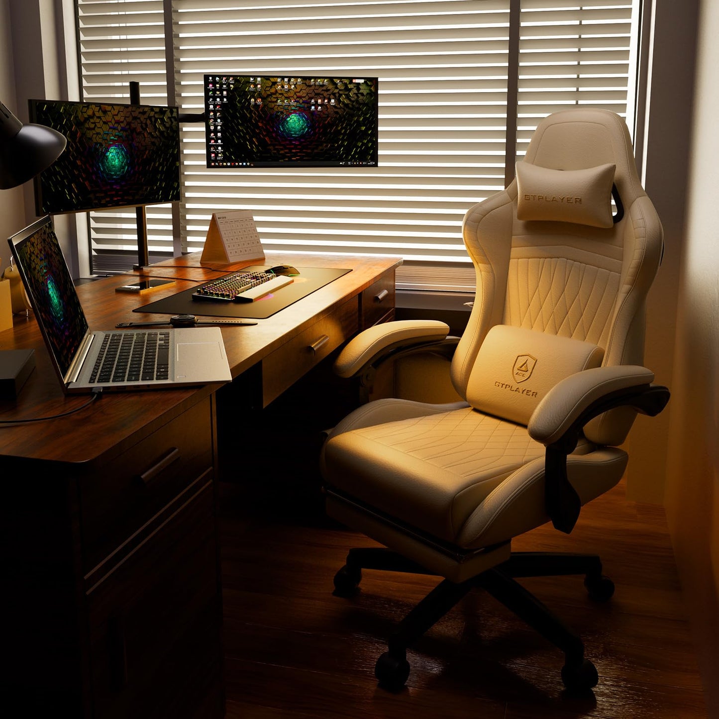 GTPLAYER ACE-PRO Music Gaming Chairs – Built-in Speakers, App Support & Bluetooth Control, Computer Game Chairs with Footrest for Adults, Ergonomic Reclining Silla, Linkage Armrest, Cream