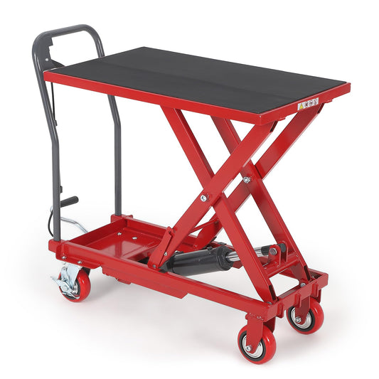Hydraulic Lift Table Cart, 330lbs Capacity 28.5 in Lifting Height Hydraulic Table Cart, Single Scissor Lift Table with Non-Slip Pad for Material Handling and Transportation, Red