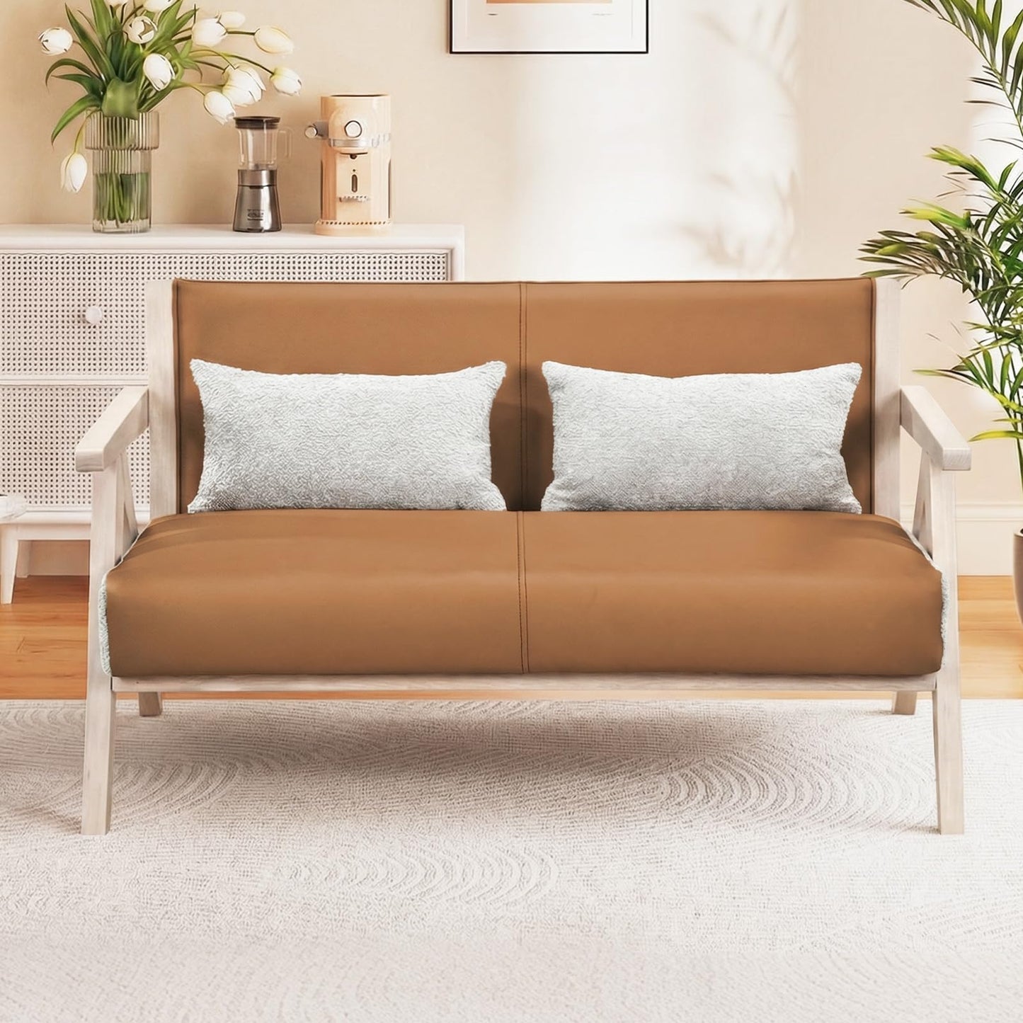 Giantex Loveseat Sofa for Small Spaces, Artificial Leather Armchair with Throw Pillows, Rubber Wood Frame, Padded Seat and Backrest, 2-Seater Couch for Living Room, Bedroom, Office, Lounge (Brown)