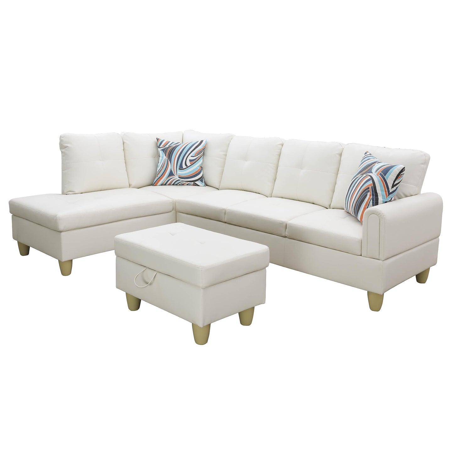 NicBex Couches for Living Room L Shaped Couch Upholstered Futon Sofa Comfy Faux Leather Modular Sofa 3-Piece Living Couch with Storage Ottoman for Apartments, Living Room and Office, White