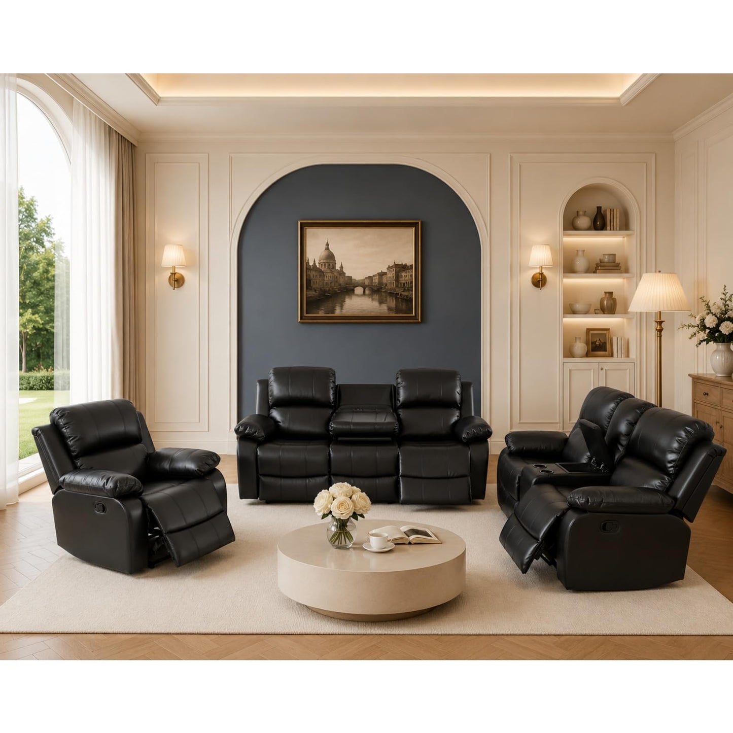 Trygoal Modern Recliner Sofa Set of 3, Semi PU And PVC Living Room Set with 120° Deep Recline & Sleeping Position, Cozy Motion Couch with Loveseat Storage & Cup Holders, Retro Vintage Furniture, Black