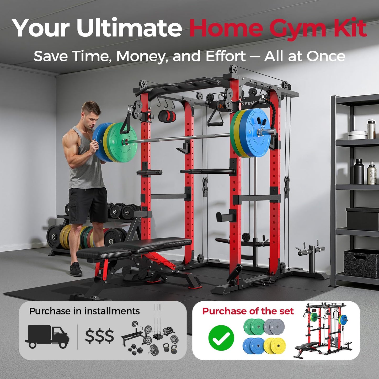 Sportsroyals Power Cage, Multi-Functional Squat Rack, Power Rack with Pulley System & LAT Pull Down, Workout Cage with J Hooks for Home Gym