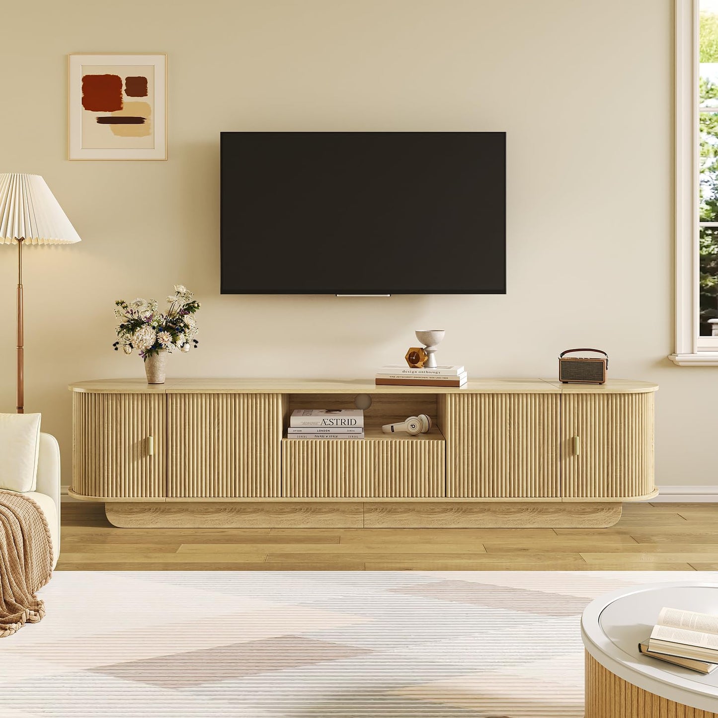 UKAOCAI 86.61'' Tambour TV Stand for 55-85 Inch, Modern Entertainment Center with Large Storage Cabinet & Open Shelves, TV Console with Sliding Doors for Living Room, Bedroom, Natural