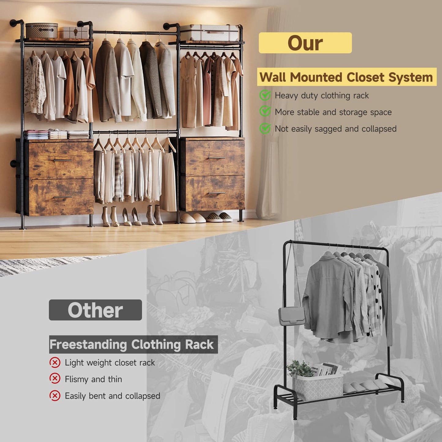 ONBRILL T4 Wall Mounted Closet System, Industrial Pipe Clothing Rack with 8 Wooden Shelves, 4 Drawers & 4 Hanging Rods (2 Expandable), Heavy Duty Closet Organizers and Storage System (Rustic Brown)