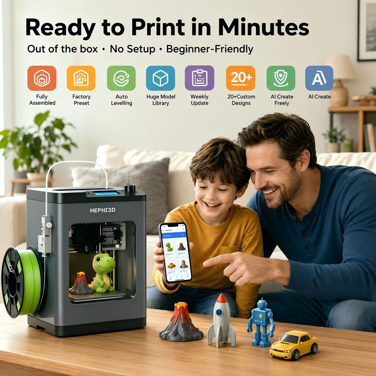 HEPHi3D Tina2 Plus 3D Printer for Beginner & Kids, Fully Assembled 3D Printers with Smart APP, 250mm/s High Speed Auto Leveling High Precise Kids Mini 3D Printer, Open Source for Home, Office, School