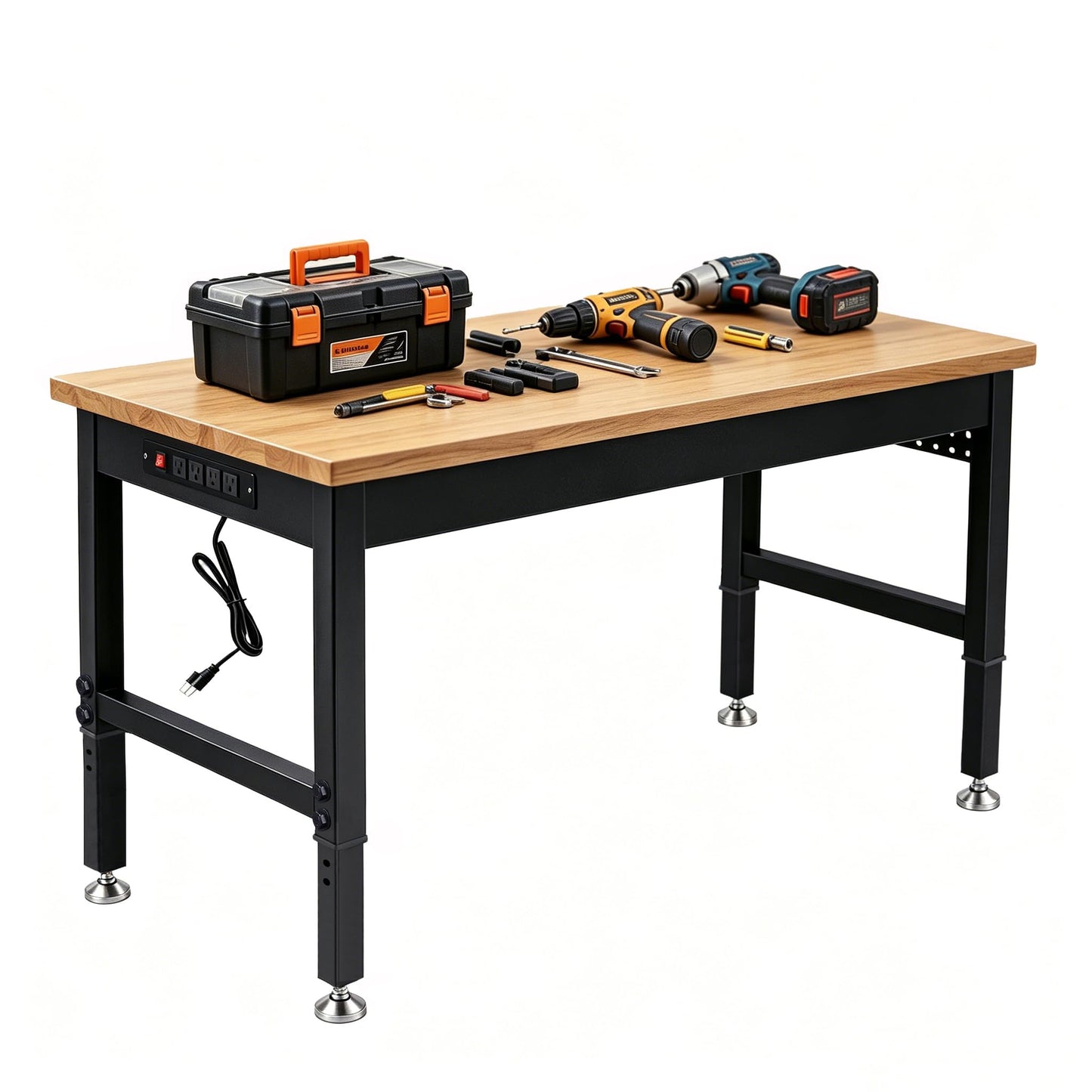 60 Inch Adjustable Workbench with Power Outlet Heavy Duty 2500 LBS Load Capacity Hardwood Work Table for Garage 6 Level Height Adjustable Workshop Bench with Wheels (60"x24")