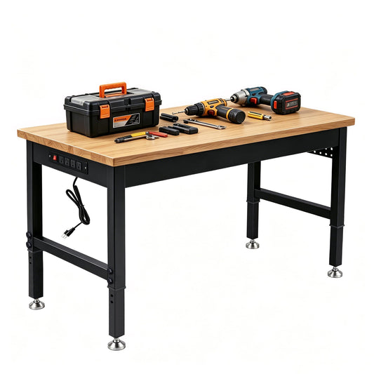 60 Inch Adjustable Workbench with Power Outlet Heavy Duty 2500 LBS Load Capacity Hardwood Work Table for Garage 6 Level Height Adjustable Workshop Bench with Wheels (60"x24")
