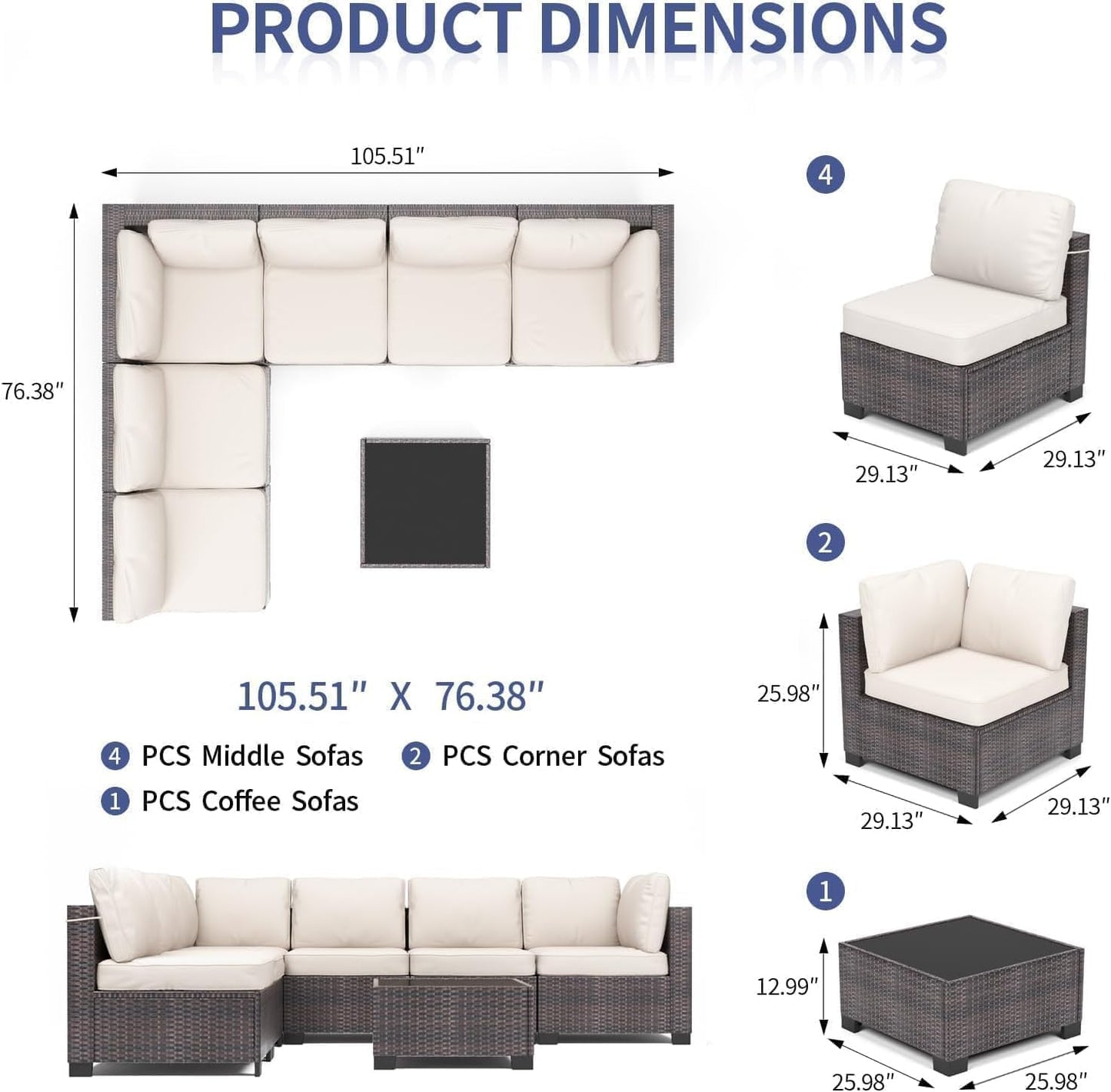 6 Piece Sectional Rattan Sofa with Glass Top Coffee Table, Patio Rattan Conversationr Sofa Set, All Weather Outdoor Patio Furniture Set and Chairs, Poolside, Garden, Porch