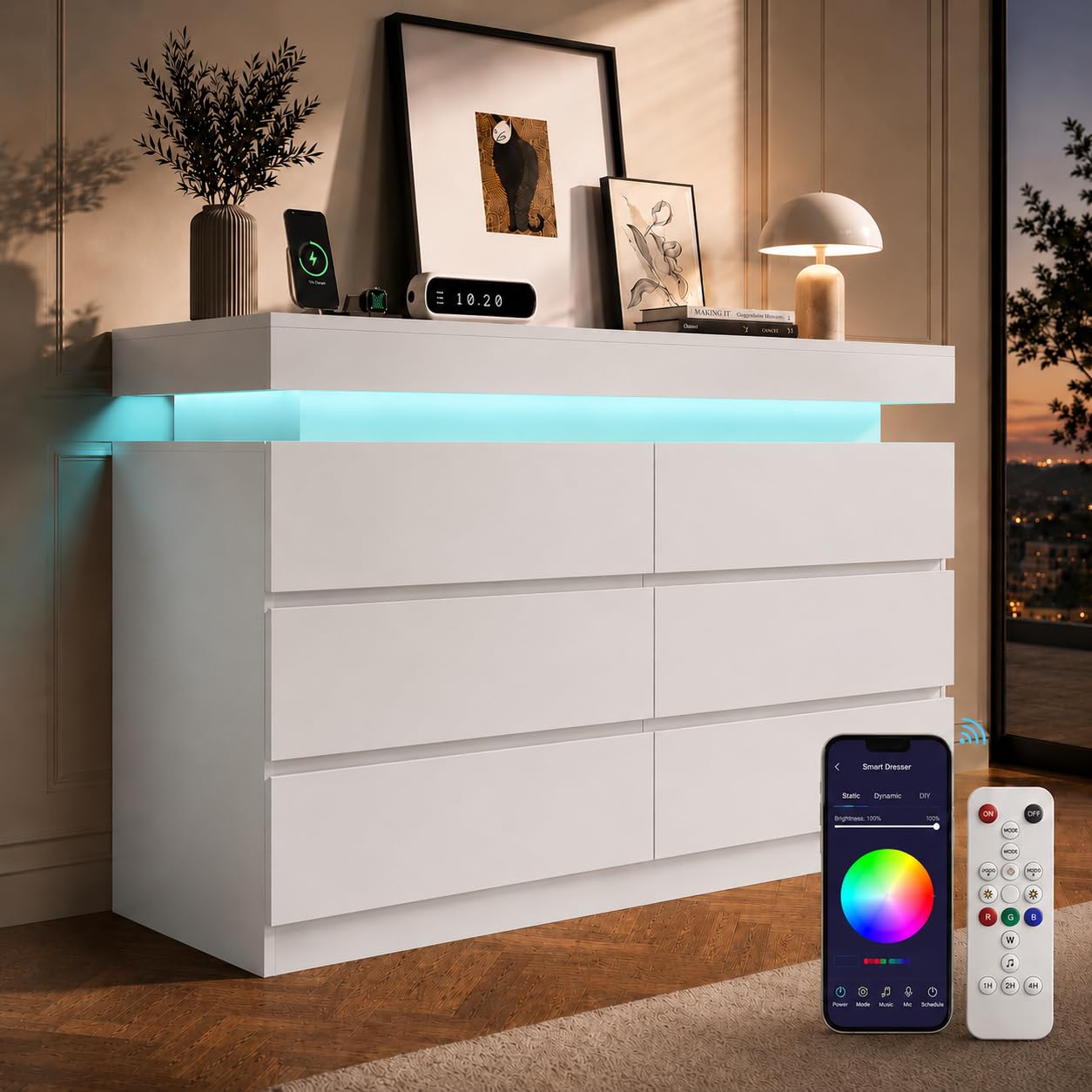 OneBlis 6 Drawer Dresser with LED Lights & Charging Station, Modern Floating White Dresser for Bedroom, Smart Storage Chest with 2 AC Outlets & USB Ports for Living Room, Closet, Entryway