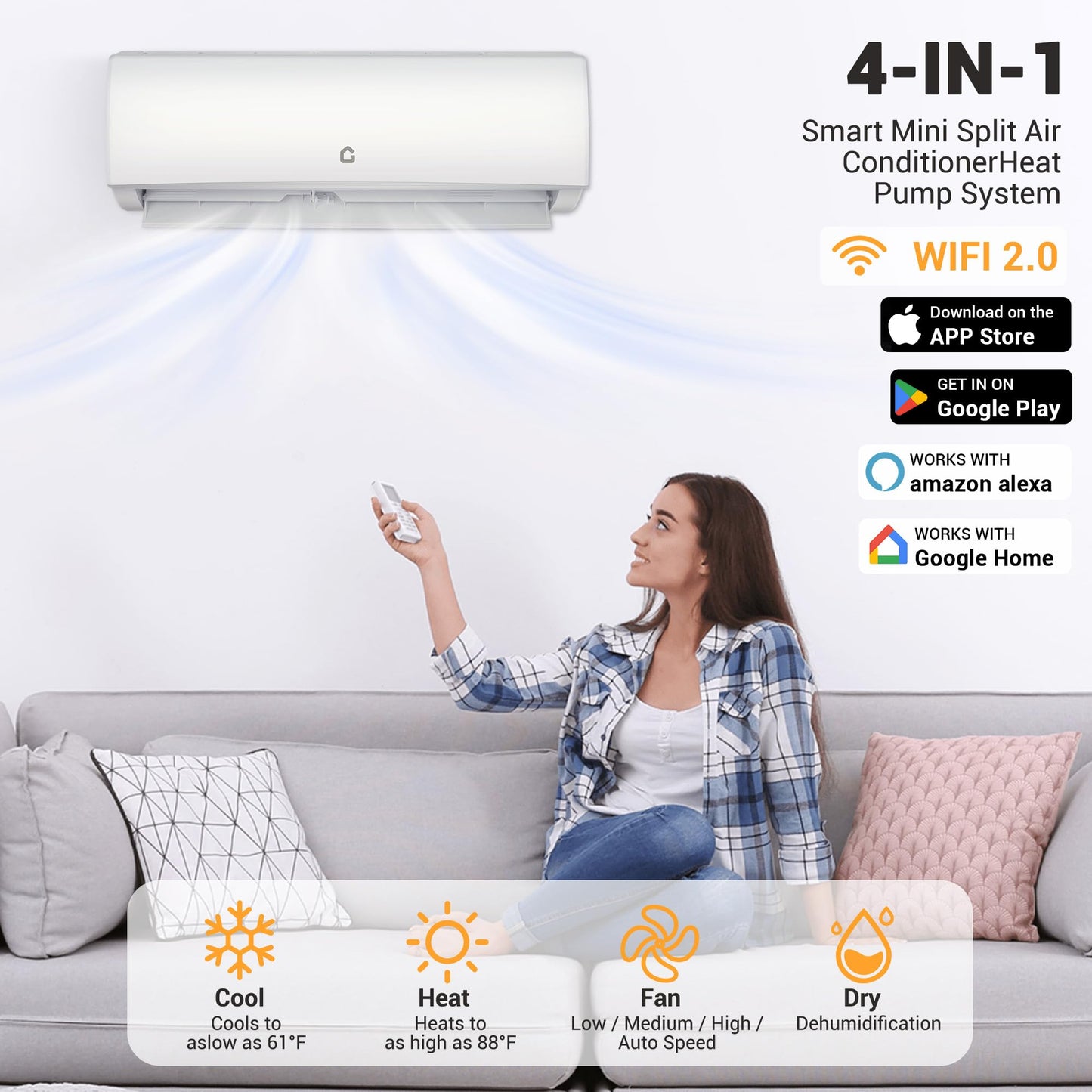 9,000 BTU Mini Split Air Conditioner with Heater, 20 SEER2 208-230V, Split Unit Ac and Heat Cool Up to 450 Sq.Ft, Ductless Air Conditioner w/Installation Kit, Remote, 2.0 Wifi Control