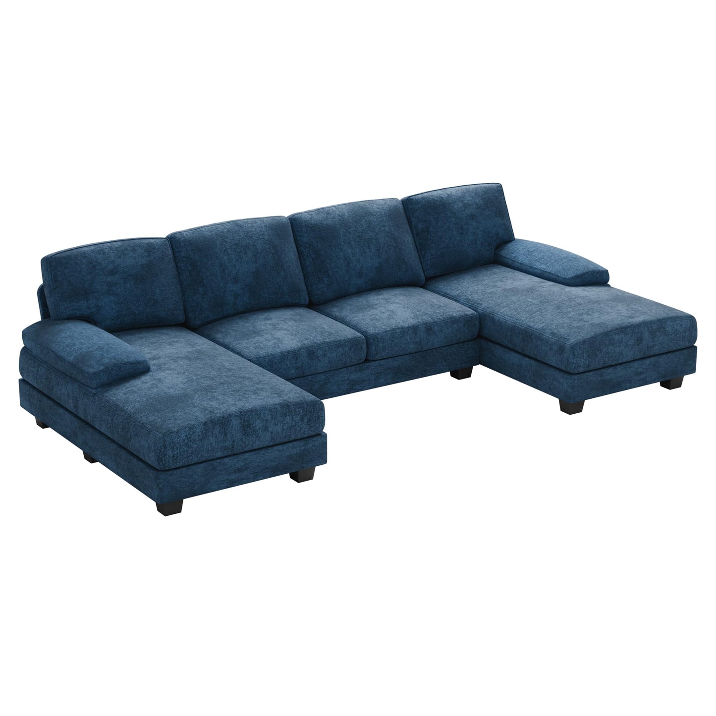 Furniwell Convertible Sectional Sofa Couch, 4 Seat Sofa Set for Living Room U-Shaped Modern Fabric Modular Sofa Sleeper with Double Chaise & Memory Foam (Fabric, Blue)