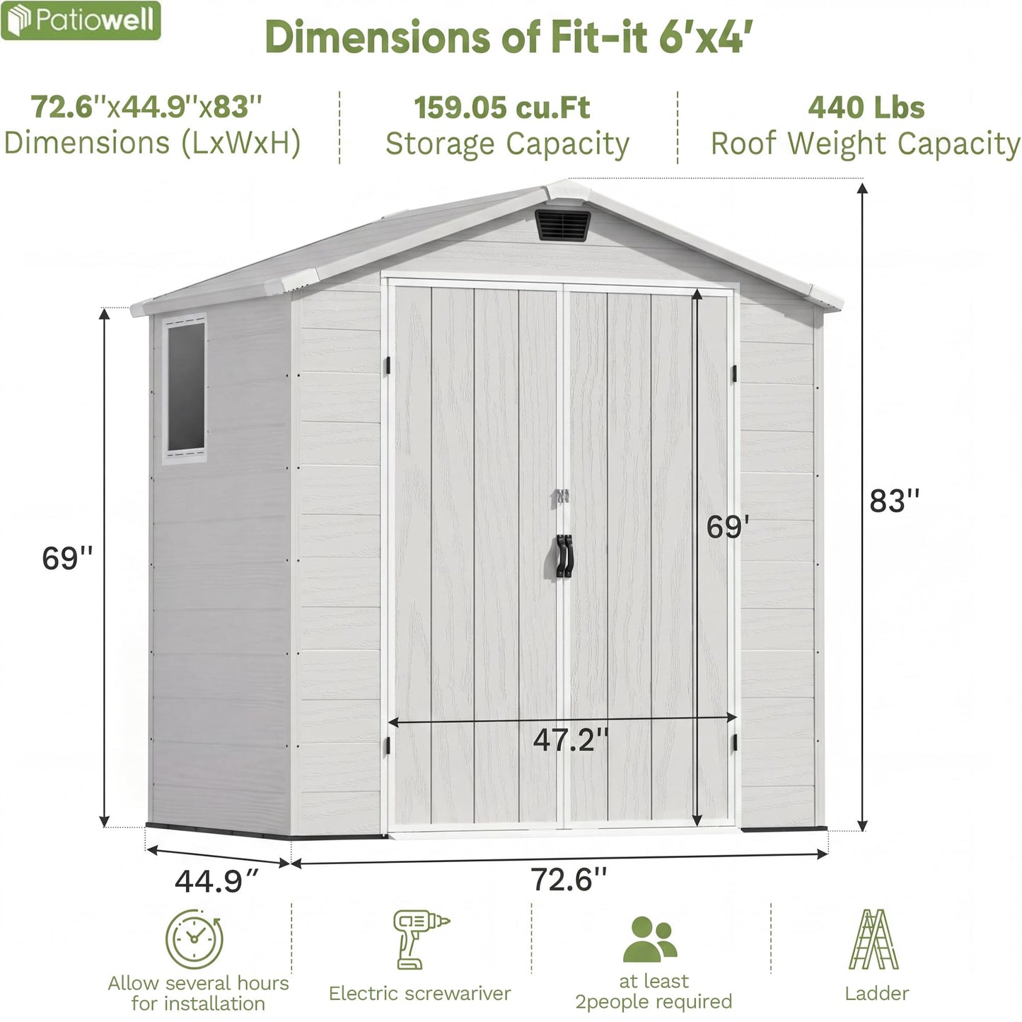 Patiowell 6X4 FT Plastic Outdoor Storage Shed with Floor, Resin Tool Sheds with Lockable Door and Window, Weather-Resistant Garden Shed, Easy Assembly for Backyard, Patio, Light Grey