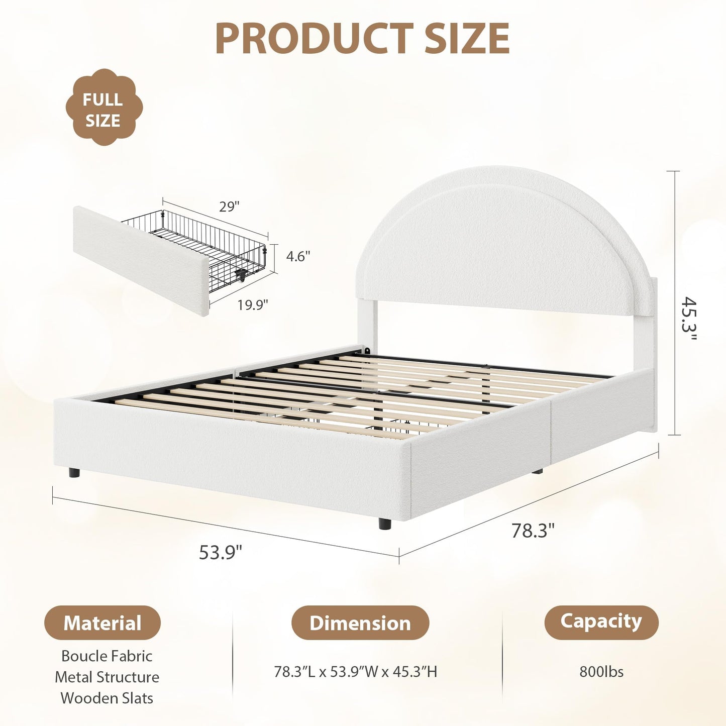 Garvee Full Size Bed Frame with Storage Drawers, Upholstered Boucle Platform Bed with Round Headboard, Heavy Duty & Noise Free, No Box Spring Needed, White