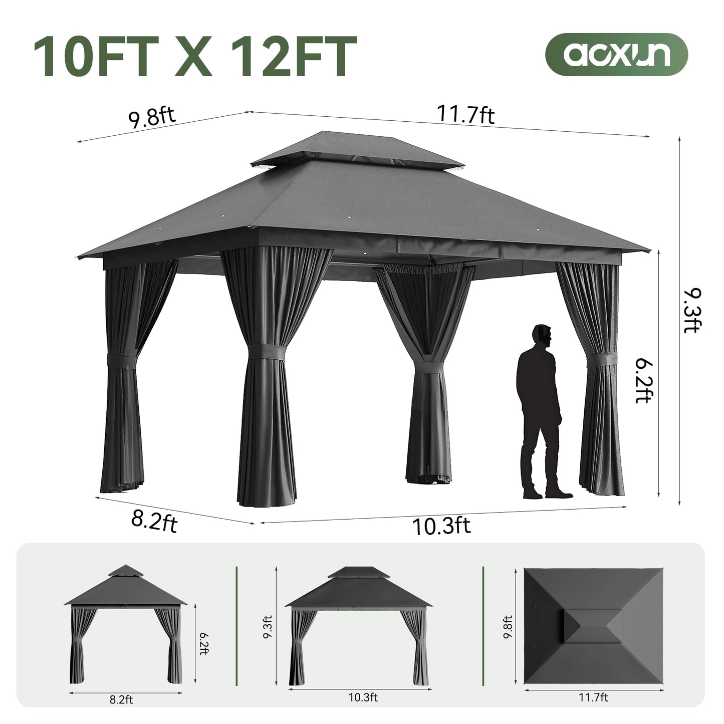 Aoxun 12'x10' Outdoor Gazebo, 50mm Heavy-Duty Steel Frame Double Roof Canopy, Waterproof Polyester Patio Pavilion with Curtains and Netting for Backyard Garden, Dark Gray