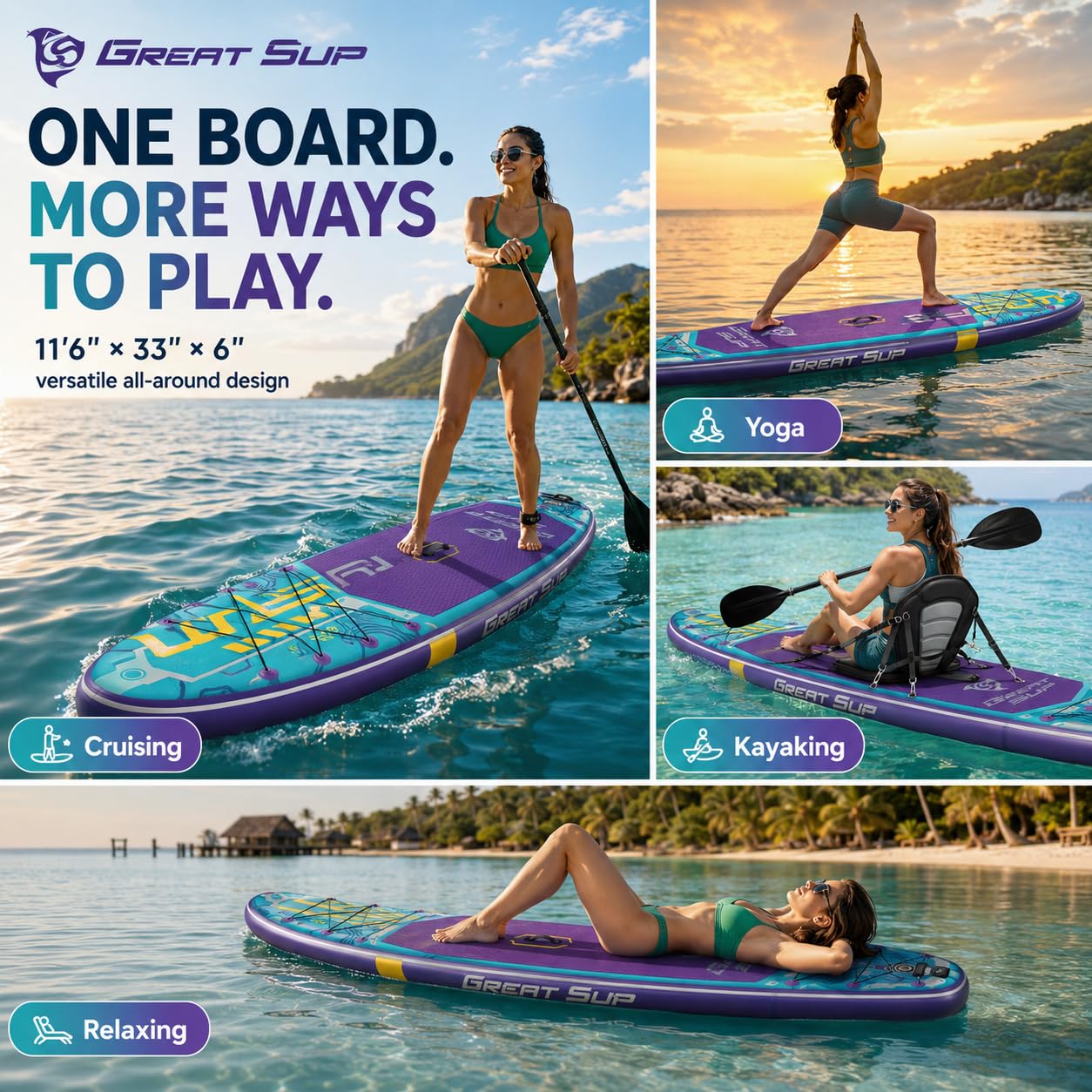 11'6'' Inflatable Stand Up Paddle Board for Adults, Non Slip Deck Blow Up Paddle Board for Fishing Yoga, Paddleboards with SUP Accessories, Fins, Leash, Air Pump, Seat, Backpack