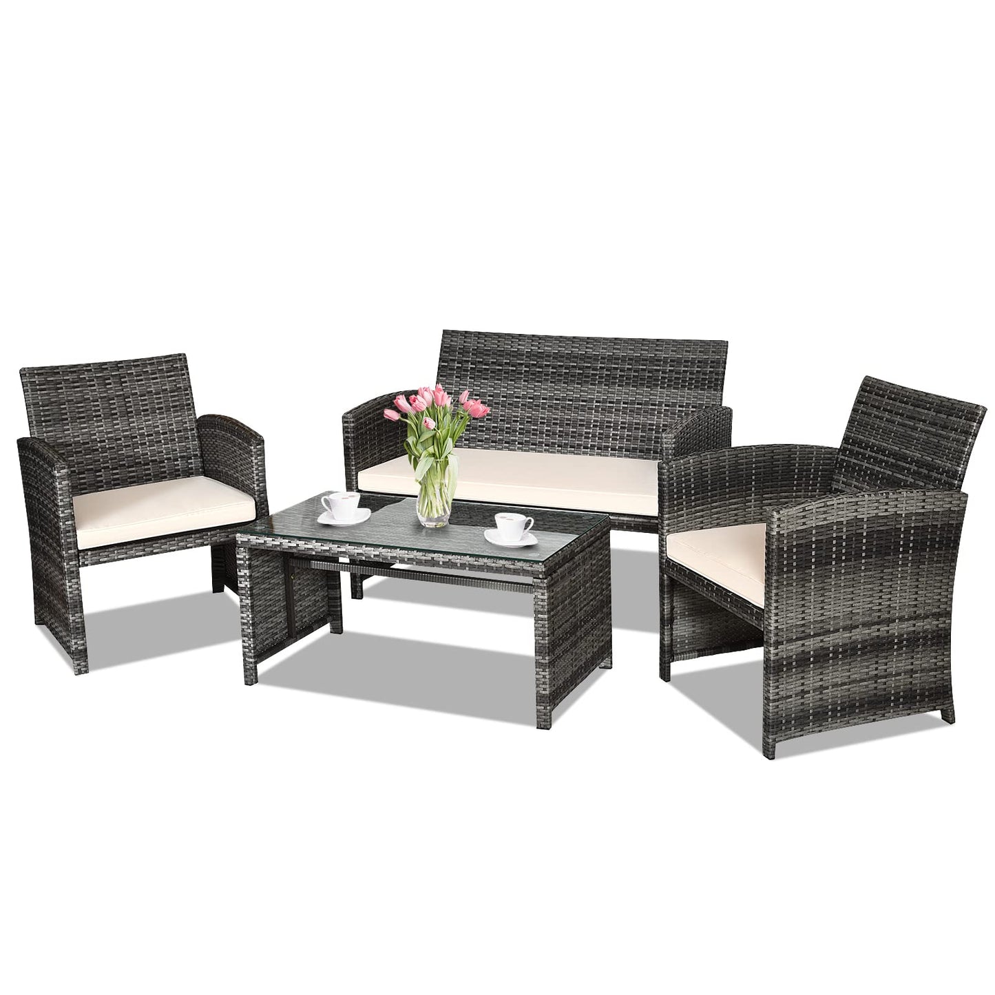 Goplus 4-Piece Rattan Patio Furniture Set, Outdoor Wicker Conversation Sofa with Weather Resistant Cushions and Tempered Glass Tabletop for Lawn Backyard Pool Garden (Beige)