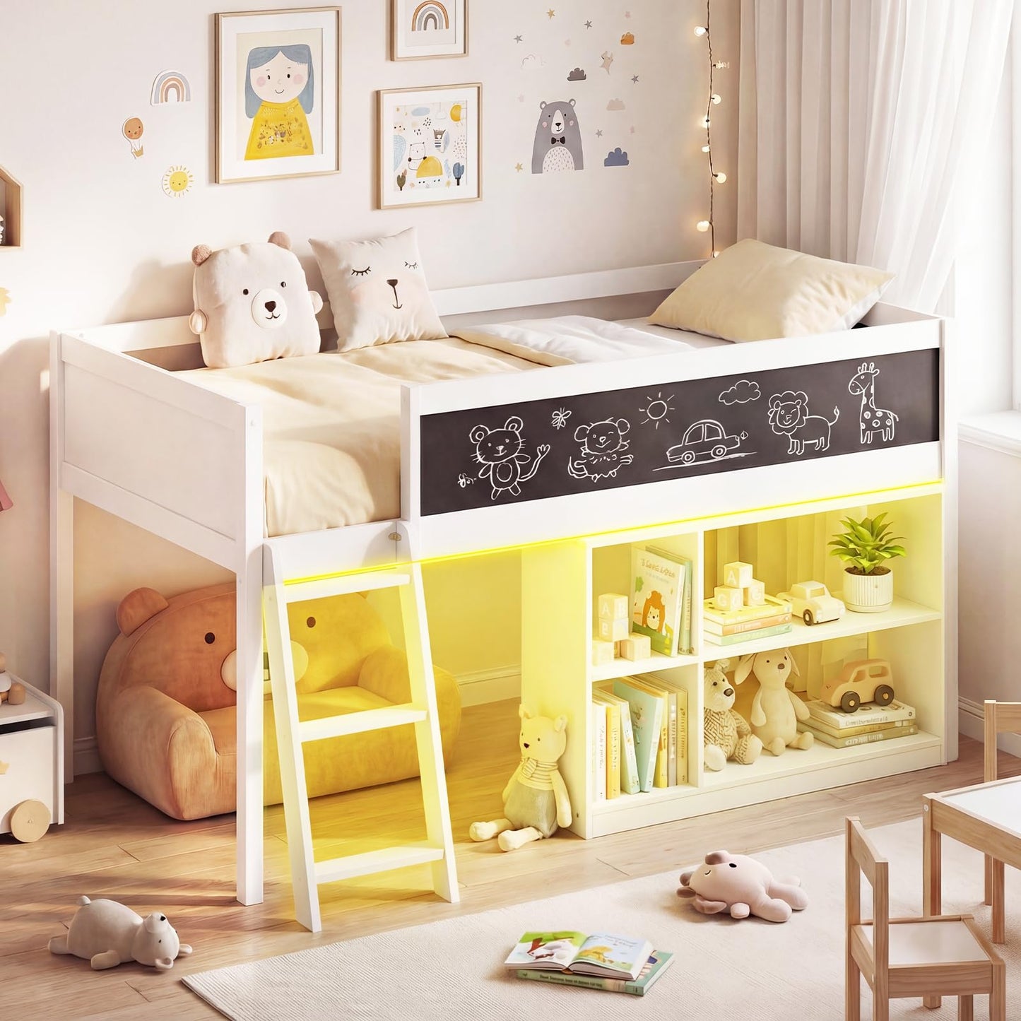 Giantex Low Loft Bed with LED Lights, Twin Size Bed Frames for Kids w/Chalkboard, Removable Bookcase & Under-Bed Storage Space, Wood Loft Beds with Stairs, Safety Guardrail for Girls Boys (White)