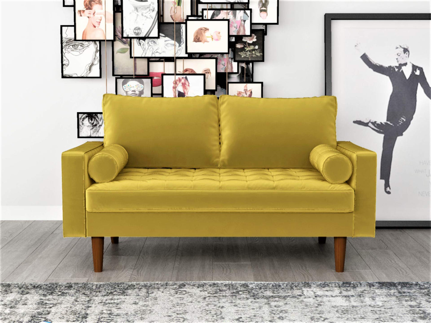 Container Furniture Direct Womble 58 Inch Velvet Loveseat Sofa with Elegant Button Tufted Upholstery, Square Arms, Splayed Wood Legs, Includes Matching Bolster Pillows, Textured Gold