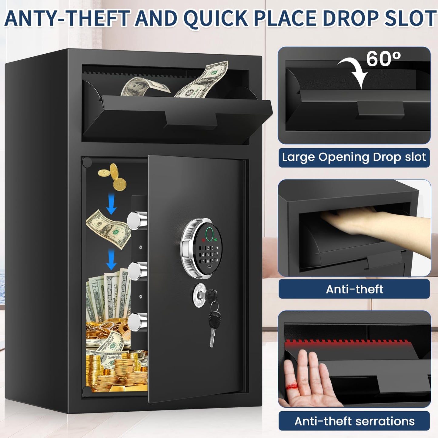 6.0 Cuft Extra Large Biometric Drop Safe for Business, Anti-Theft Fingerprint Safe Box with Quick Place Drop Slot, Digital Keypad and Spare Key, Depository Safe for Home Office Store Mail Church