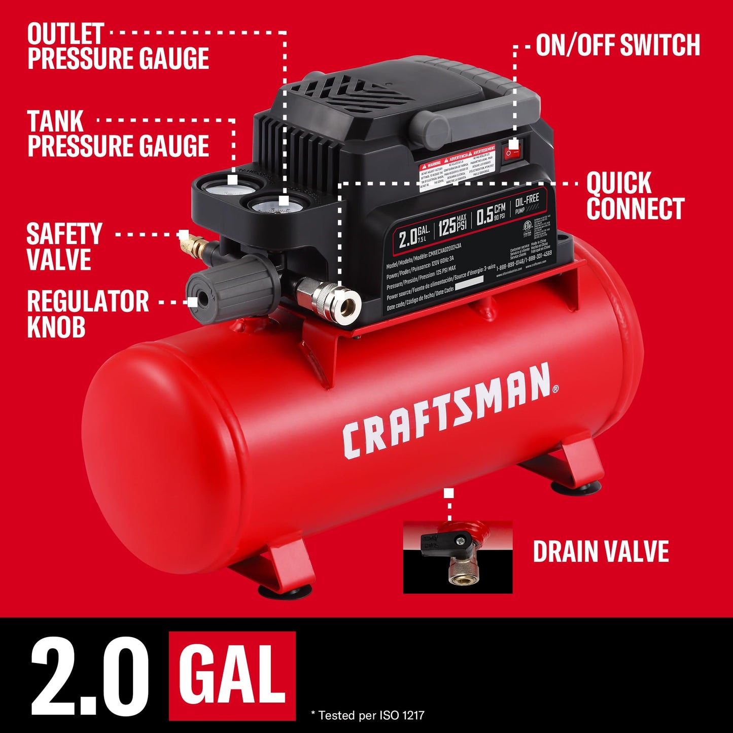 Craftsman 2 Gallon Portable Air Compressor, 1/3 HP 125 PSI Max Oil-Free Air Compressor with 11 Piece Accessory Kit, Compact Hot Dog Tank for Home DIY, Tire Inflation, Nailing, CMXECXA0200243A