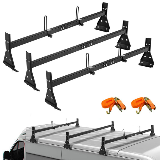 CIRONBOW Universal Roof Ladder Rack for Van,Roof Rack for Minivan/Panel Van,Adjustable Length 57''-65'',3 Bars-Fit Chevy Express Vans1996-Up,800LB Load-Capacity,Gutter Clamp Type,Matte Coating Black