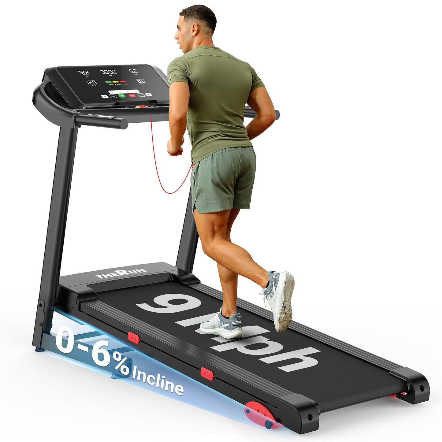 THERUN Incline Treadmill, Manual Incline Treadmill for Running and Walking, 300 lbs Weight Capacity, Wide Belt,3.0HP,18" LED Screen, 2 Layers Shock-Absorbing, Red