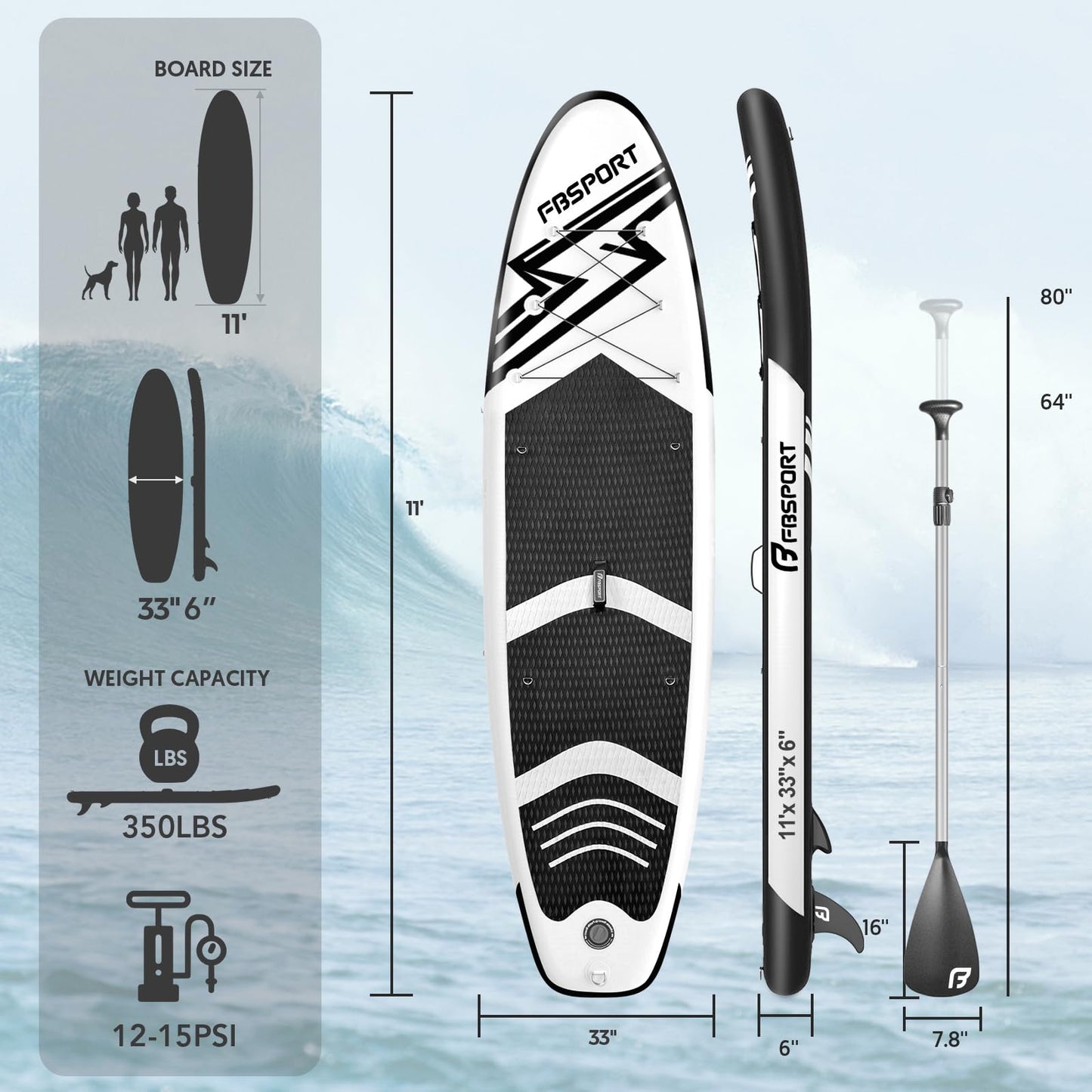 FBSPORT 11' Premium Stand Up Paddle Board, Yoga Board with SUP Accessories & Carry Bag | Wide Stance, Surf Control, Non-Slip Deck, Leash, Paddle and Pump for Youth & Adult (Black White)