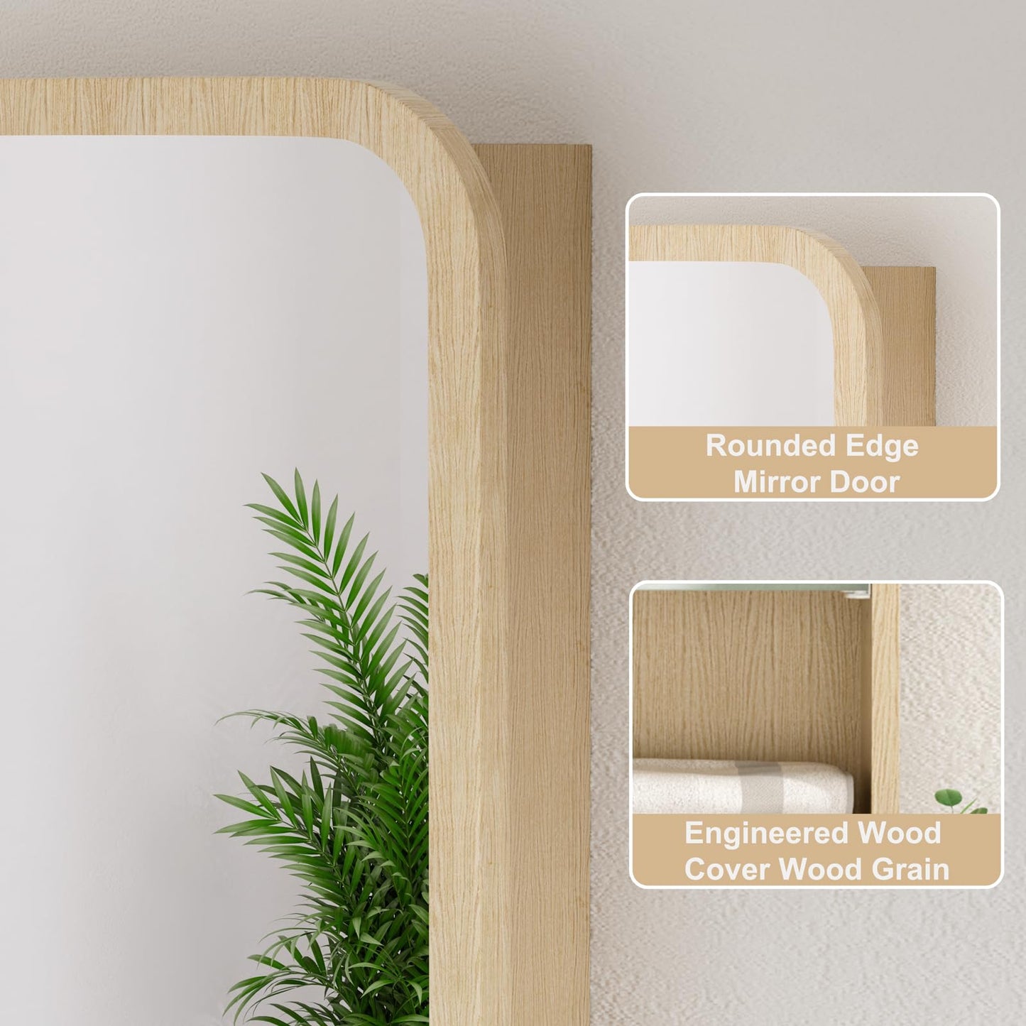Keazile 20x28 Inch Wood Medicine Cabinet with Mirror, Surface or Recessed Mount Bathroom Mirror Cabinet, Adjustable Glass Shelves, Soft-Close Door, Rounded Corner, Fully Assembled, Oak