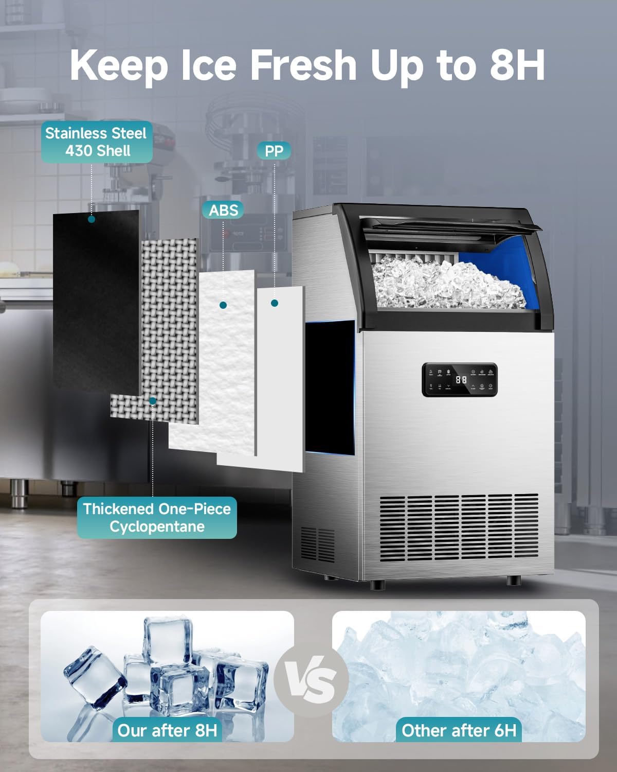 EUHOMY Commercial Ice Maker,120lbs/24H,Stainless Steel Under Counter Ice Machine with Water Filter,33lbs Storage Capacity, 45 Cubes in 8-12 Mins, Freestanding Ice Machine for Home/Bar/Cafe/Restaurant