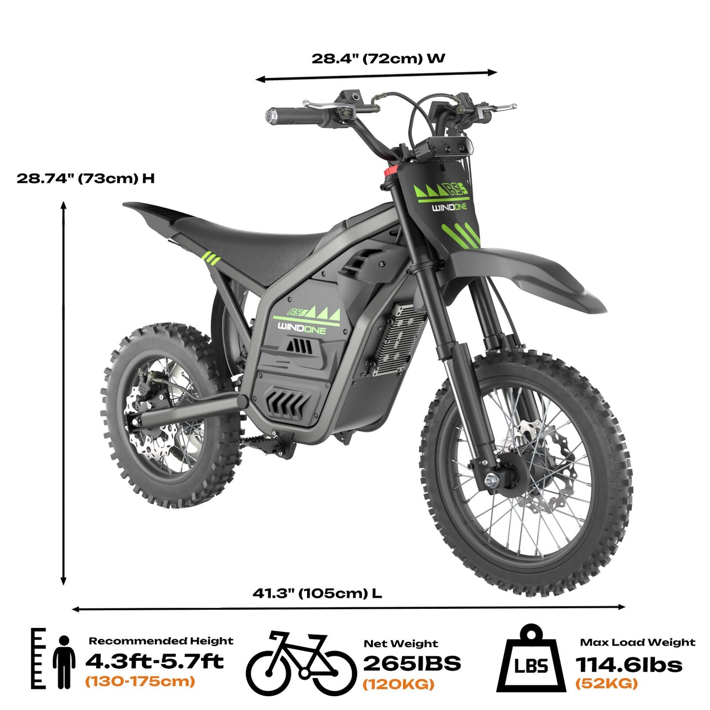 WindoneRide RS5 Electric Dirt Bike, 2200W 37MPH Electric Motorcycle, 48V/22.5Ah Battery Ebike, Full-Suspension Off-Road Mountain E Dirt Bike, Dual Hydraulic Brakes, Green