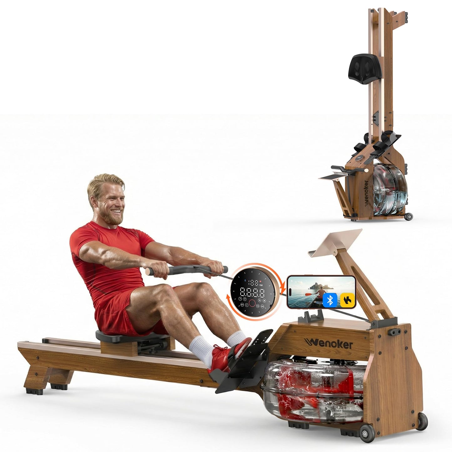 WENOKER Water Rowing Machines for Home Use, Professional Rower Machine with Smart Electronic Knob,Wooden Row Machine with LCD Monitor & Comfortable Seat, Bluetooth App Compatible for Home Gym 400 LBS
