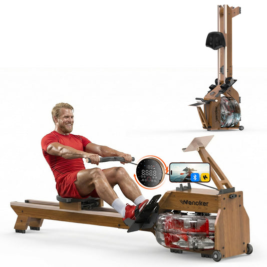 WENOKER Water Rowing Machines for Home Use, Professional Rower Machine with Smart Electronic Knob,Wooden Row Machine with LCD Monitor & Comfortable Seat, Bluetooth App Compatible for Home Gym 400 LBS