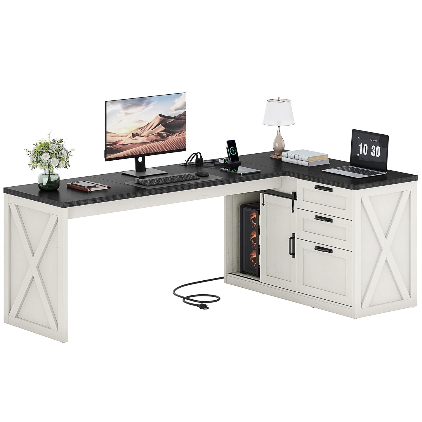 Homiflex Farmhouse L Shaped Office Desk with Drawers 78 Inch L Shape Desk Executive Office Desk with File Cabinet Storage Shelves and Power Outlets for Home Office, White and Black