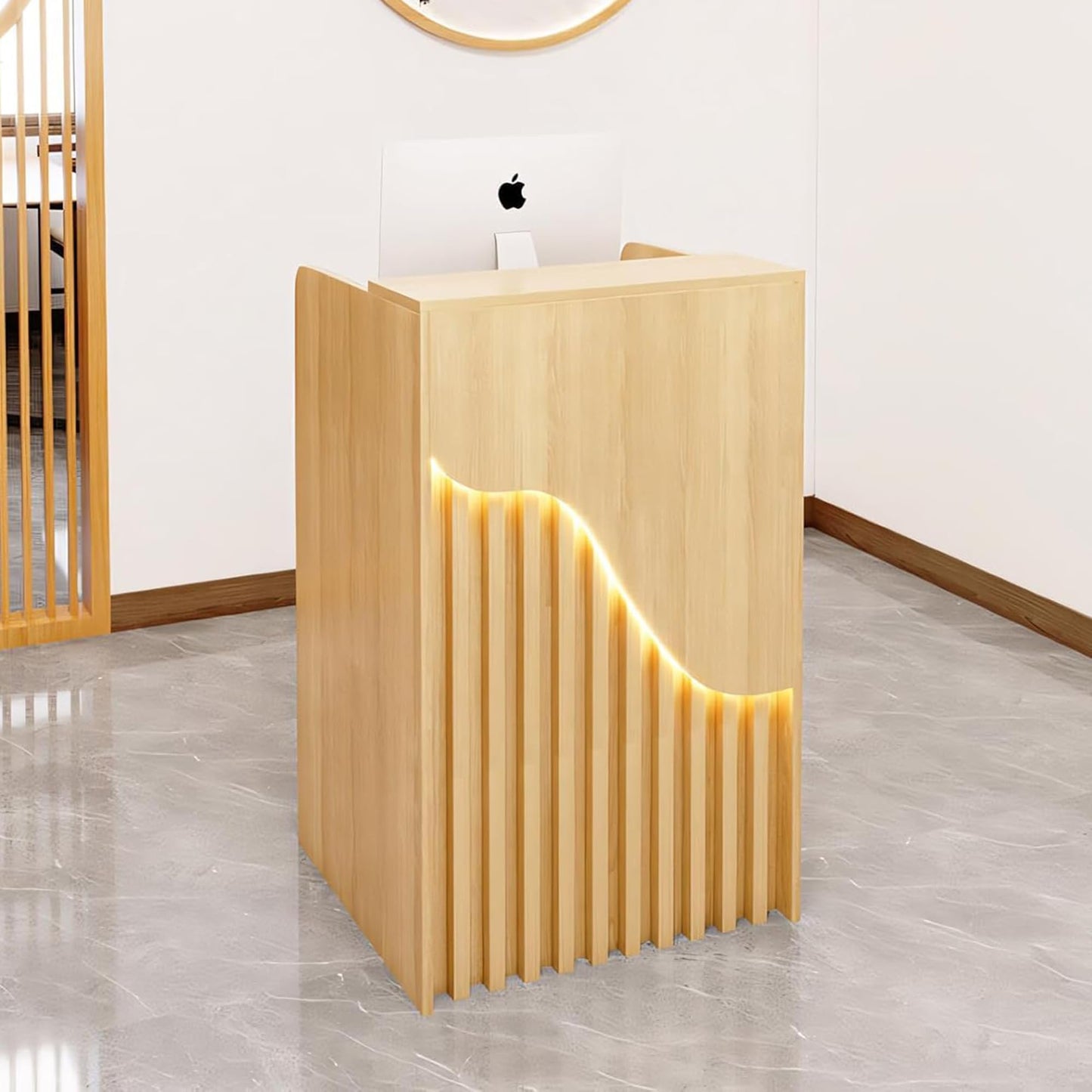 Small Reception Desk with Counter, Modern Front Desk with LED Light & Lockable Drawers, Checkout Counter, Retail Counter, Cash Register Stand for Salon, Lobby, Office, Retail, Natural, 23.6 Inch