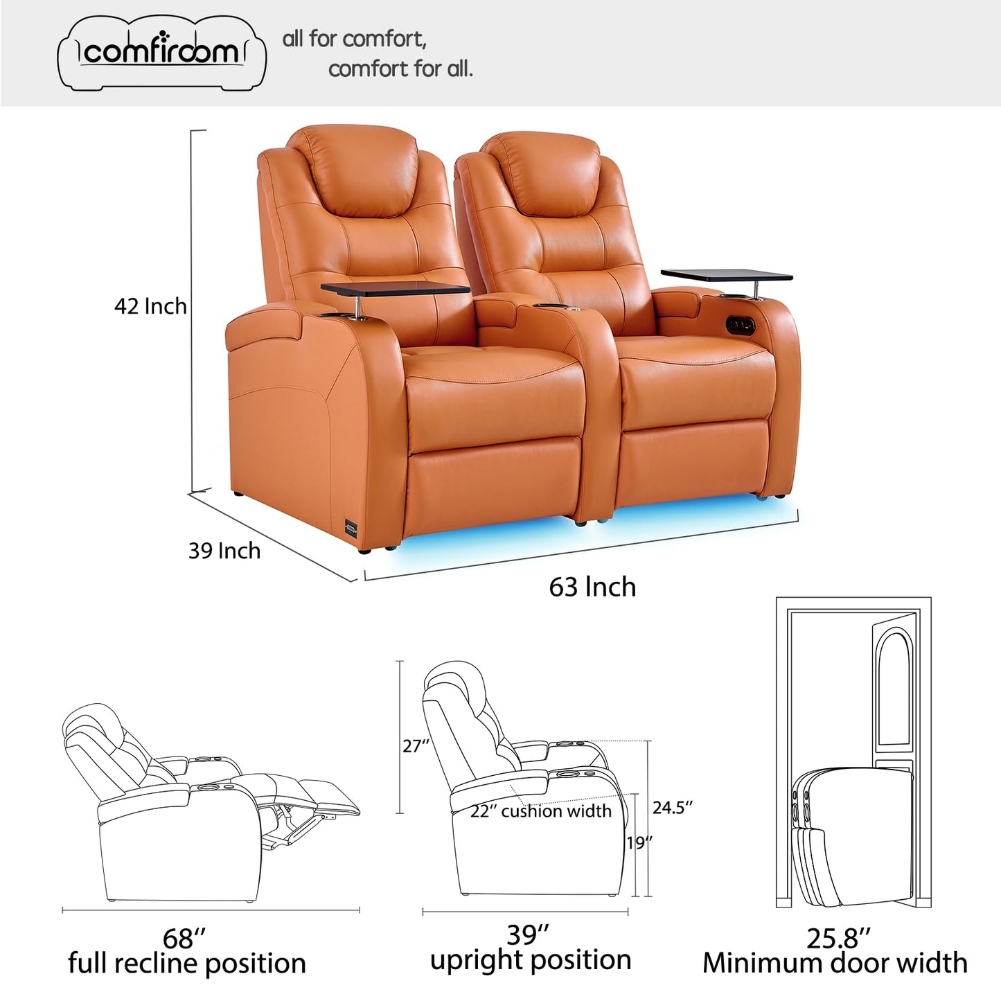comfiroom Home Theater Seating Simple Style Top Grain Nappa Leather Recliner Sofa Dual Power Movie Theater Chairs with Tray Table Type-C USB Charger (Orange, Row of 2)