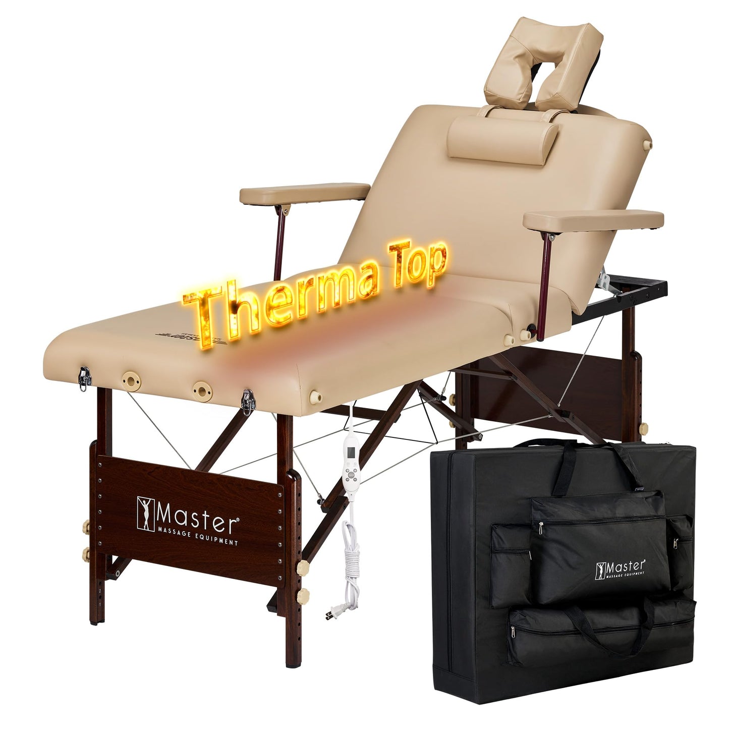 Master Massage 30" Del Ray Beauty Salon Lash Bed with Therma Top-Heated Portable Massage Table Package-Wooden Tattoo Table with 3 Section Tilting Backrest and Memory Foam (Beige)
