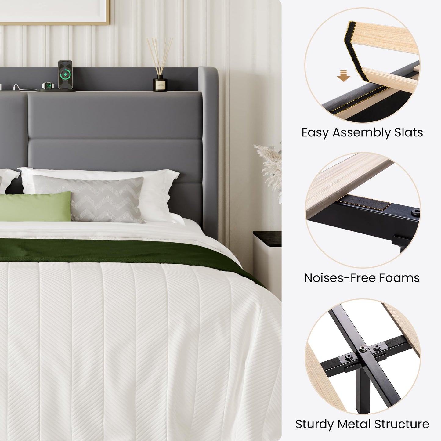 SHA CERLIN King Size Upholstered Bed Frame with Storage Shelf & Charging Station, Modern Velvet Platform Bed with Wingback Headboard, Wooden Slats Support, No Box Spring Needed, Easy Assembly, Grey
