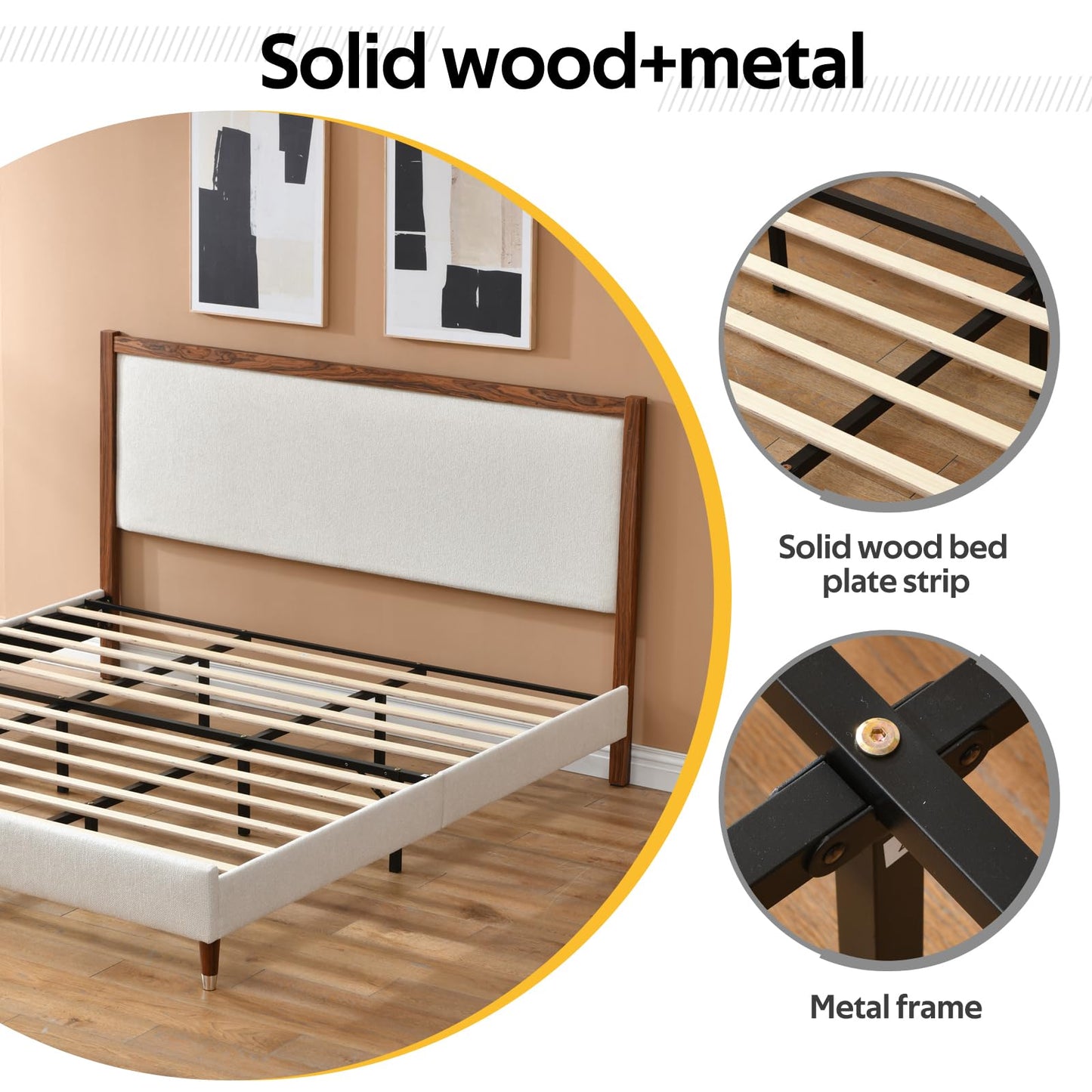 YUHUASHI King Upholstered Platform Bed Frame with Solid Wood Trim Headboard, Linen Fabric Upholstery, Sturdy Slat Support No Box Spring Needed, Easy Assembly (Cream, King (U.S. Standard))