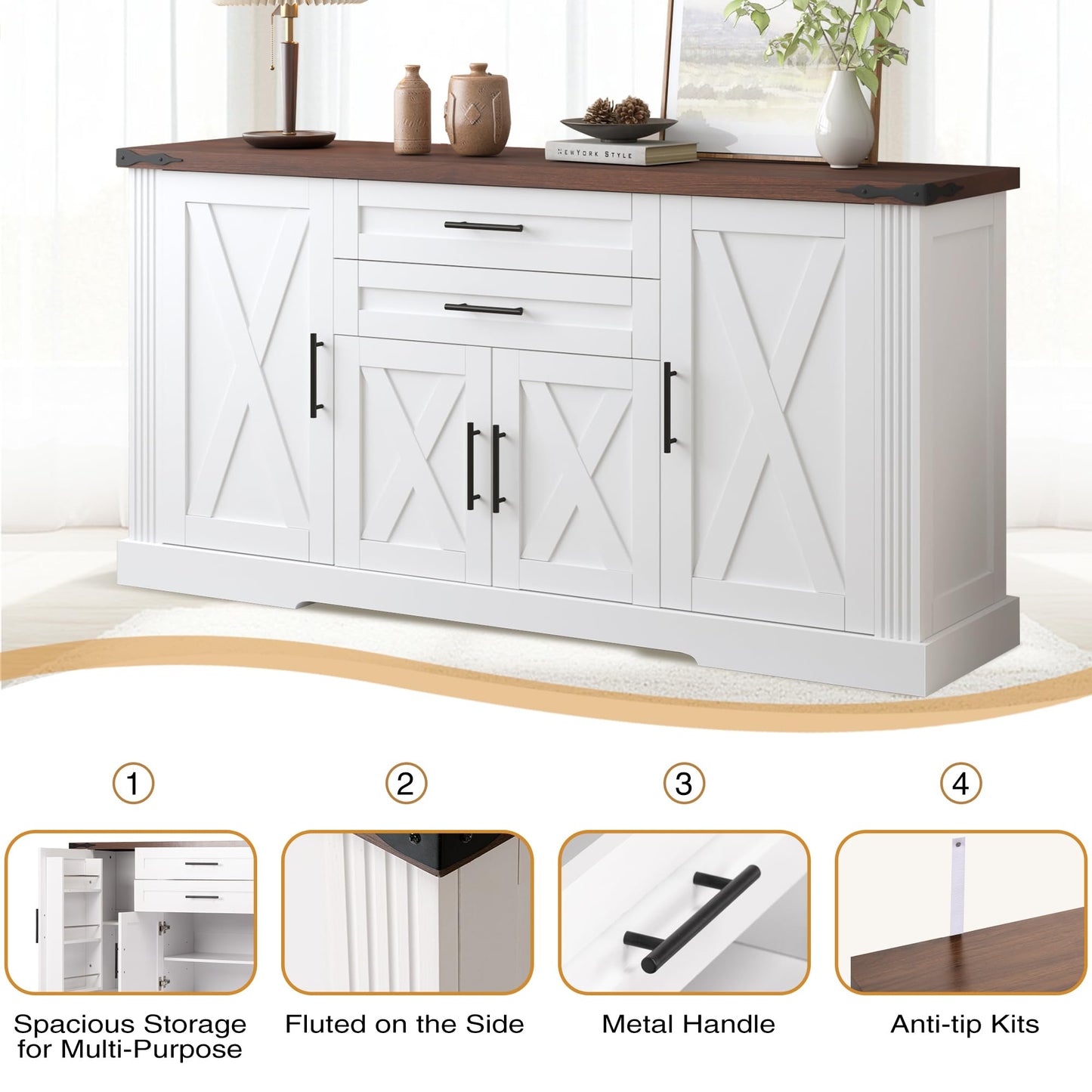 KEIKI 63" Farmhouse Barn Door Sideboard Buffet Cabinet with Storage – 2 Drawers, Door Rack, Adjustable Shelves, Door Rack, Kitchen Buffet, Large Sideboard Buffet Cabinet, Cabinet for Dishes, White