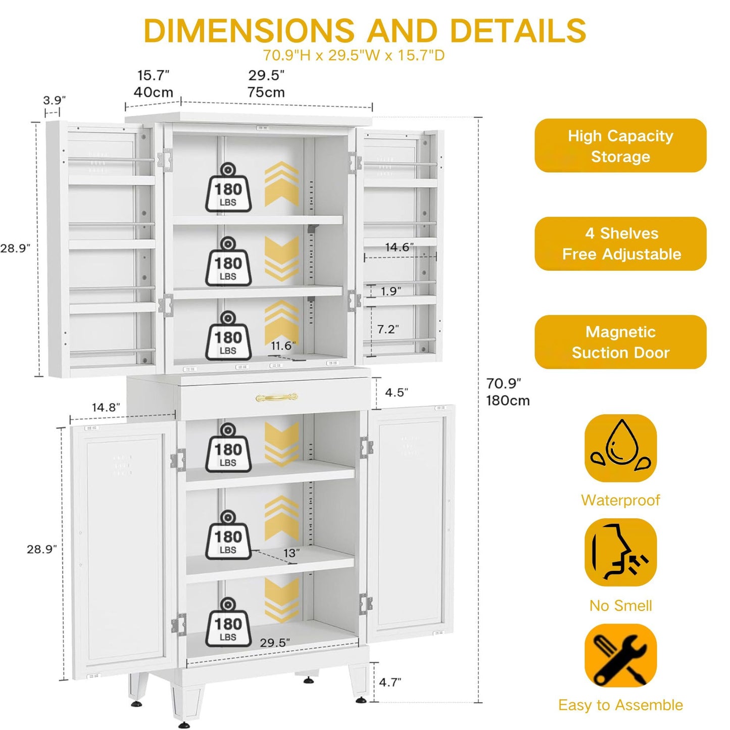 DWVO Metal Storage Cabinet, 71" Kitchen Pantry Cabinet with 4 Door & 4 Adjustable Shelves & Drawer & Door Rack, 6-Tier Tall White Steel Cabinets for Kitchen, Living Room, Dining Room