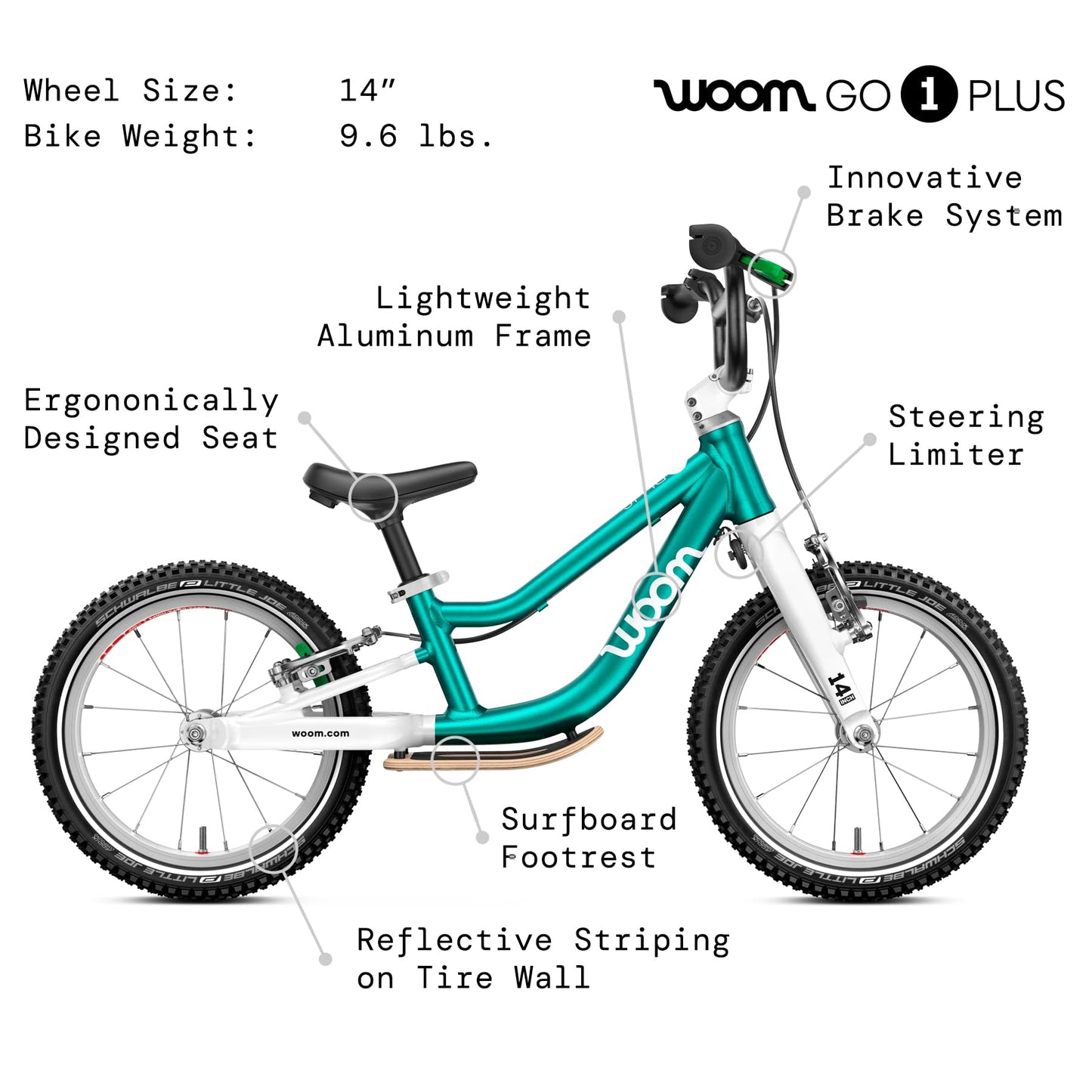 woom GO 1 Plus Balance Bike for Children 3 to 4.5 Years Old, 14-Inch Lightweight Bike with Handbrake & Steering Limiter for Toddler Boys & Girls - Metallic Turquoise