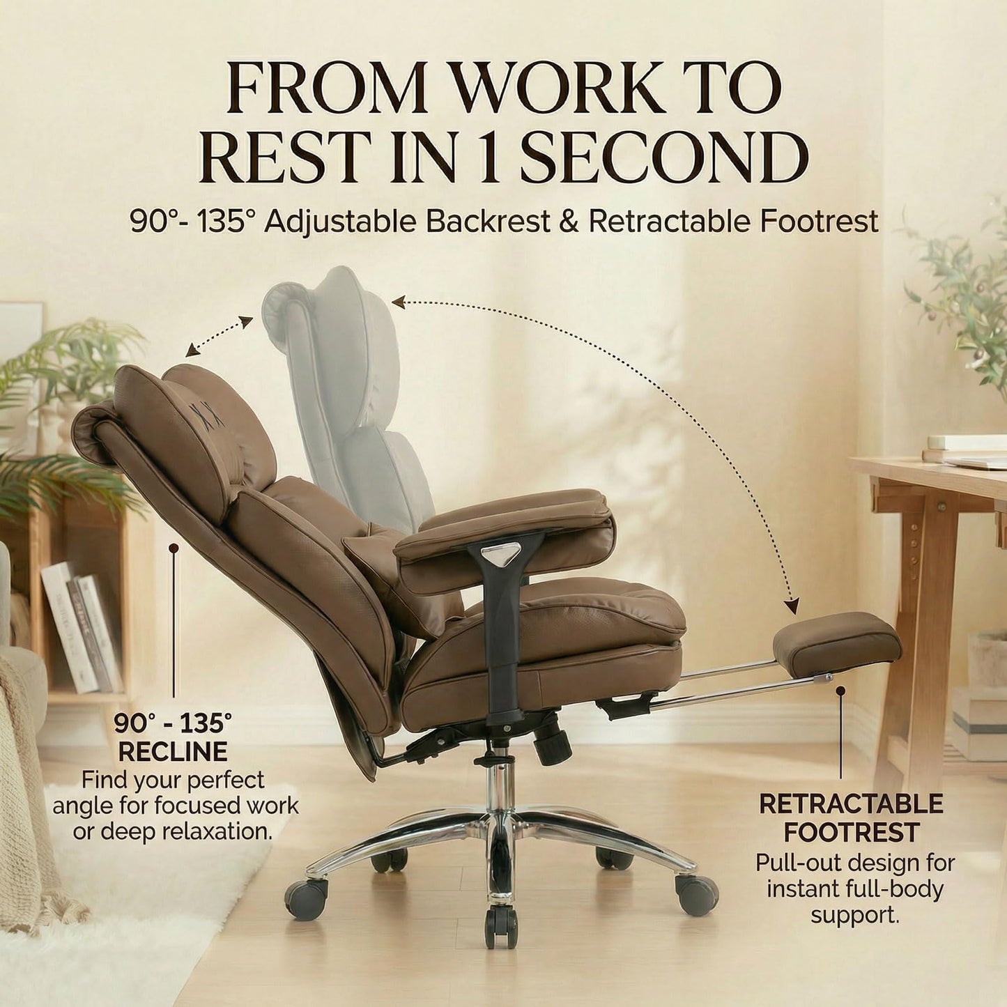 Efomao Big & Tall Executive Office Chair with Footrest - 400lbs Heavy Duty High Back PU Leather Desk Chair, Modern Ergonomic Reclining Computer Chair, Brown
