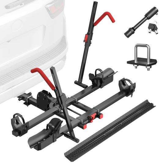 RoamEase Hitch 2 EBike Rack with Ramp, 170lbs Capacity Foldable Electric Bike Carrier for 2 Heavy Ebike, Up to 5" Fat Tire Bicycle for 2" Receiver for Car, SUV, RV, Truck, Black