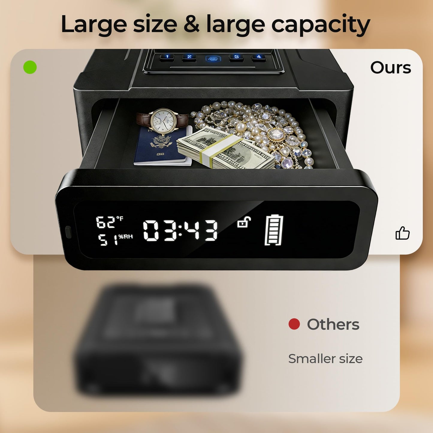 ORARAER Bedside Gun Safe with Wireless Charging - Biometric Safe with Fast Fingerprint, Backup Key & USB-C Emergency Unlock, Alarm Clock & Humidity Display, Bolt Down for Home Security