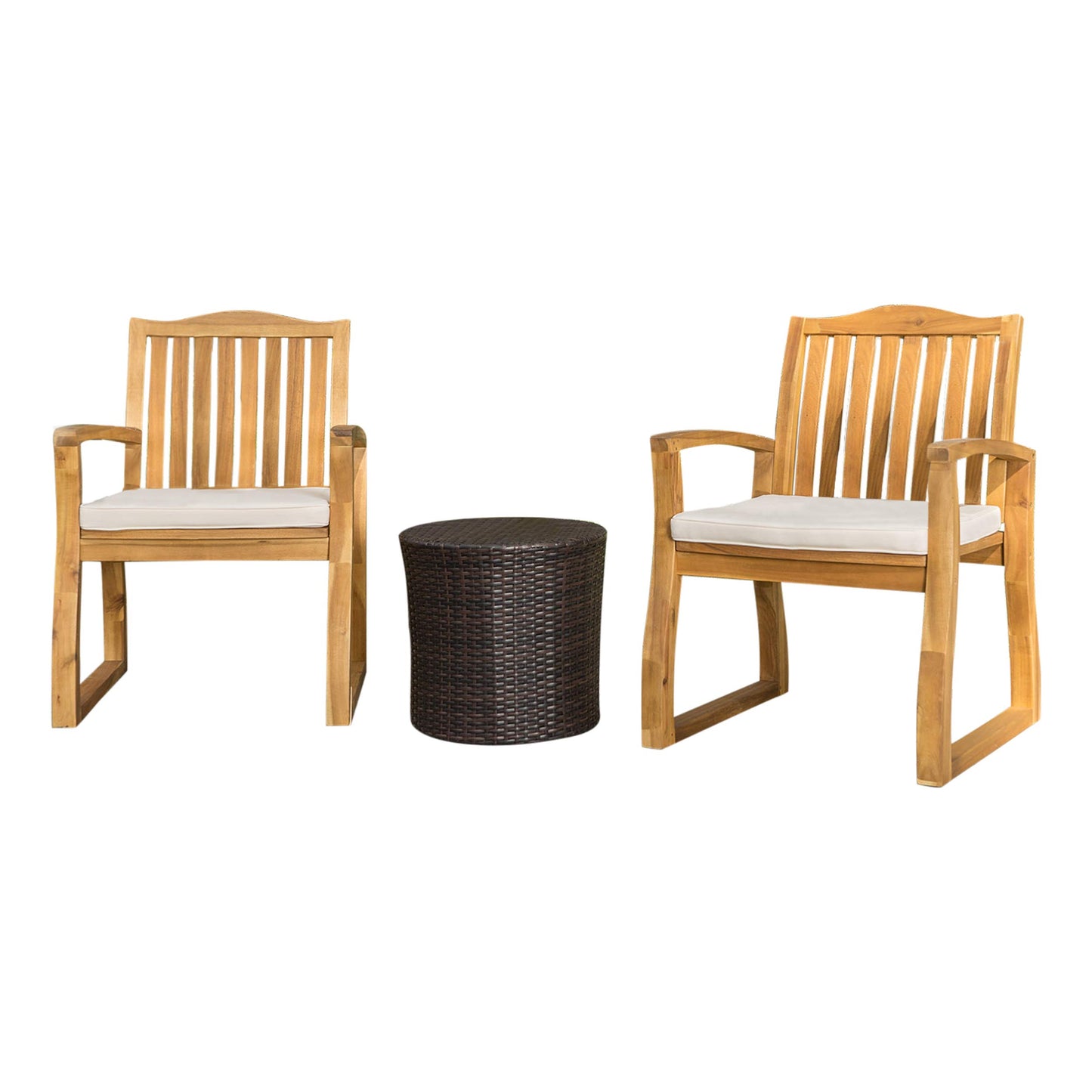 Christopher Knight Home Tampa Outdoor Acacia Wood Chat Set with Round Wicker Table, 3-Pcs Set, Teak Finish / Brown
