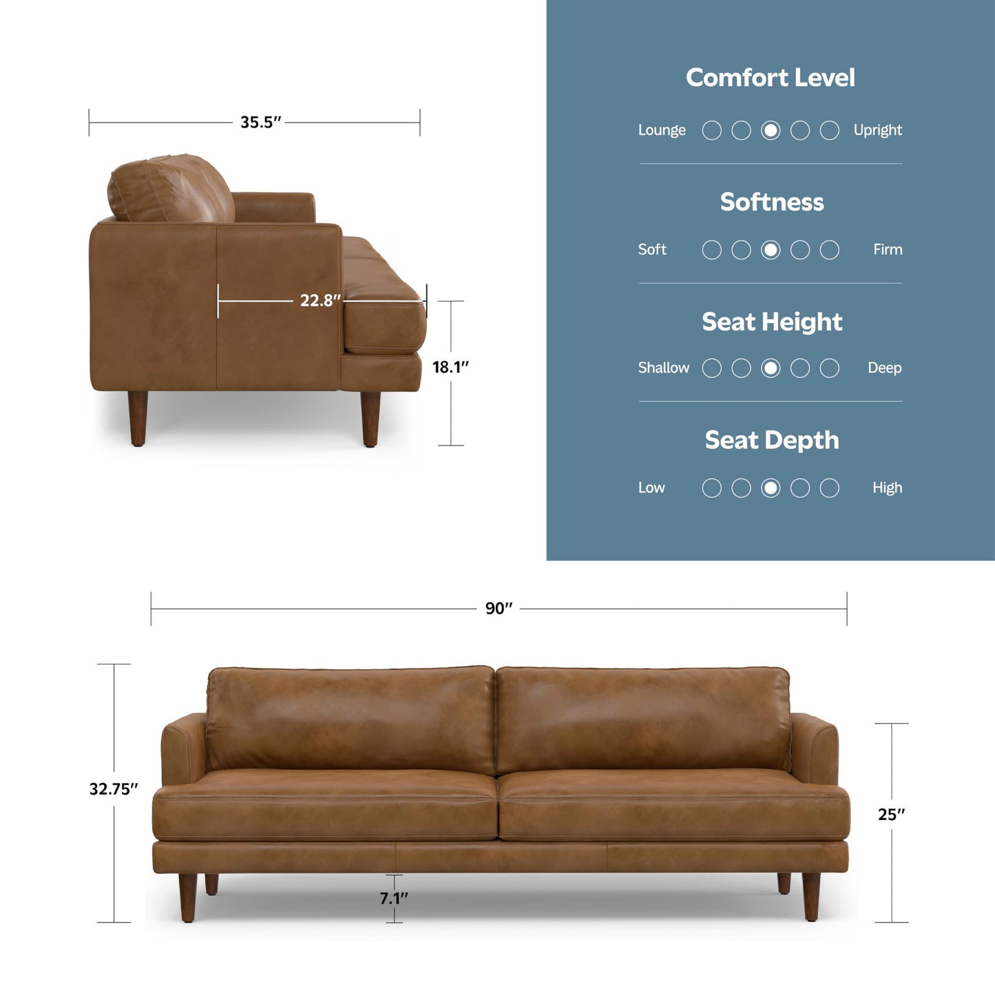 SIMPLIHOME Livingston Sofa - 90 inch Wide Top Grain Genuine Leather Sofa in Caramel Brown, Mid-Century Modern 3-Seater Couch for Living Room with Feather-Wrapped Cushions and Solid Wood Frame